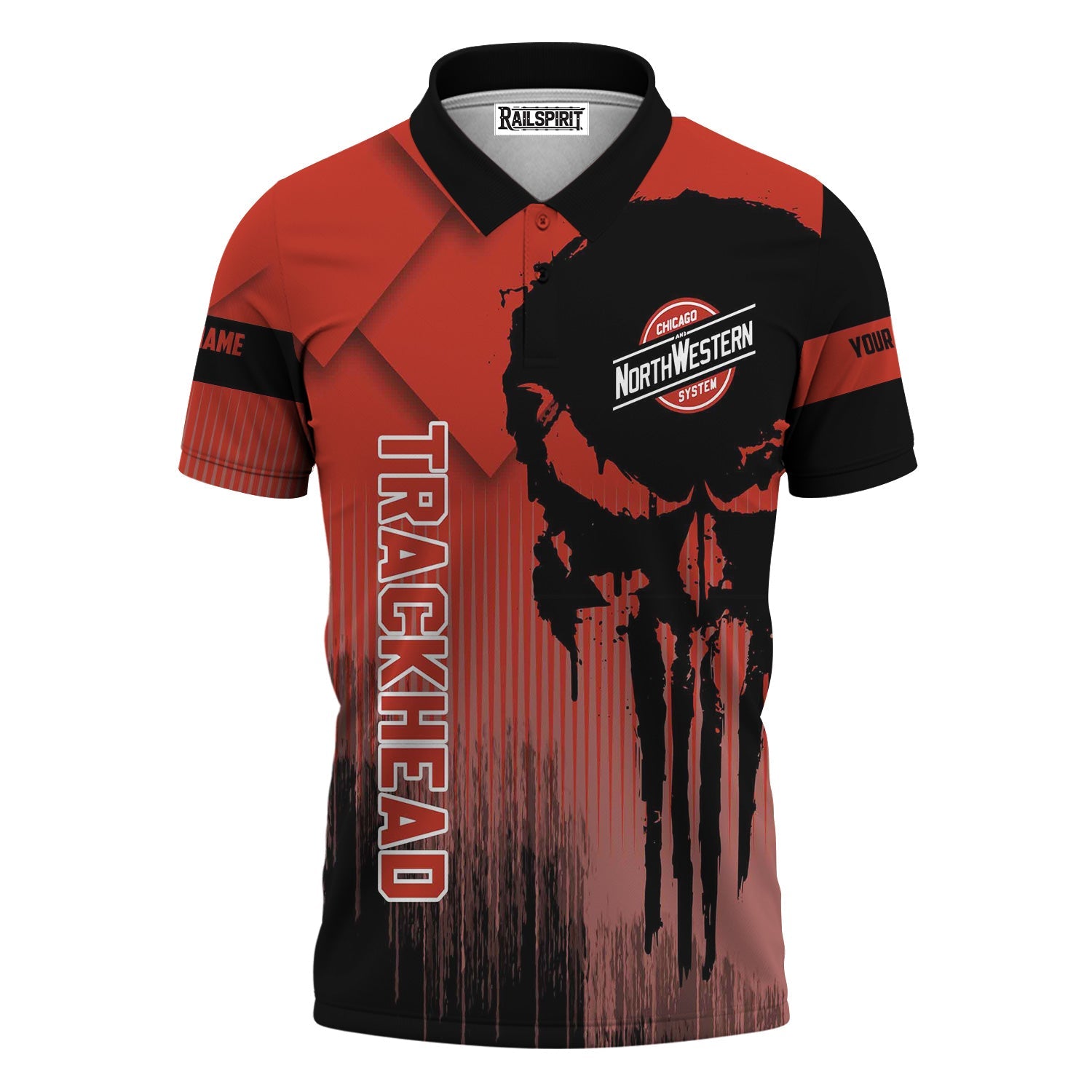 Railspirit Personalized Chicago and North Western Railway Polo Shirt Skull Design with Custom Job Train Shirt for Trackhead Crew