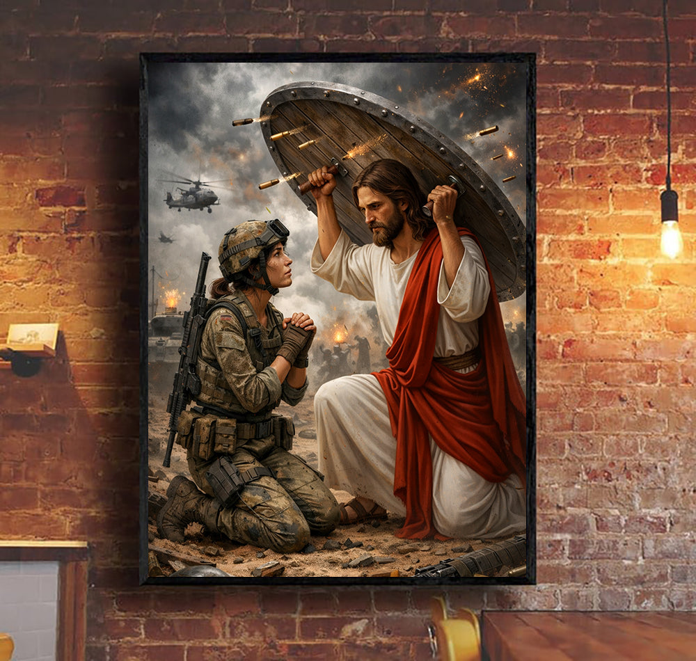 Jesus Protecting a Soldier Wall Art, Christian Faith Canvas Print, Jesus Shielding Soldier in War, Religious Gift for Veterans