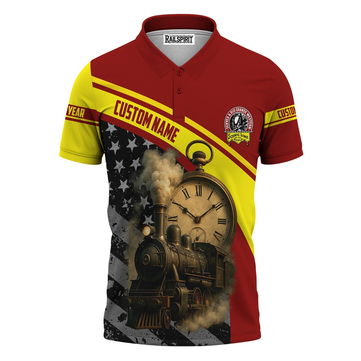 Railspirit Personalized Denver and Rio Grande Western Railroad Polo Shirt Classic Steam Engine With Retro Pocket Watch Shirt All Over Print