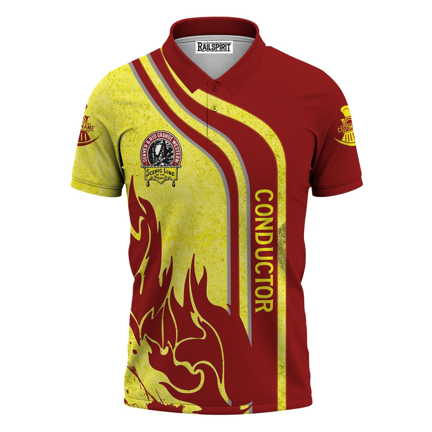 Railspirit Personalized Denver and Rio Grande Western Railroad Polo Shirt Flame Design with Custom Job Position Train Shirt