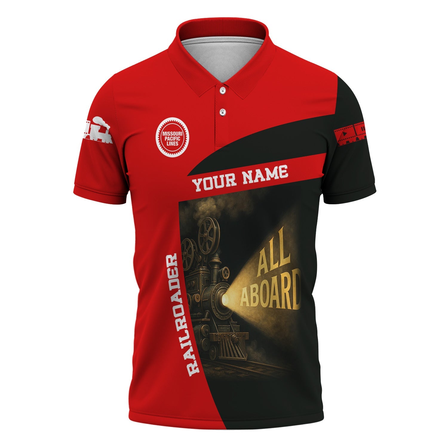 Railspirit Personalized Missouri Pacific Railroad Polo Shirt All Aboard Steam Train Movie Projector Style Shirt