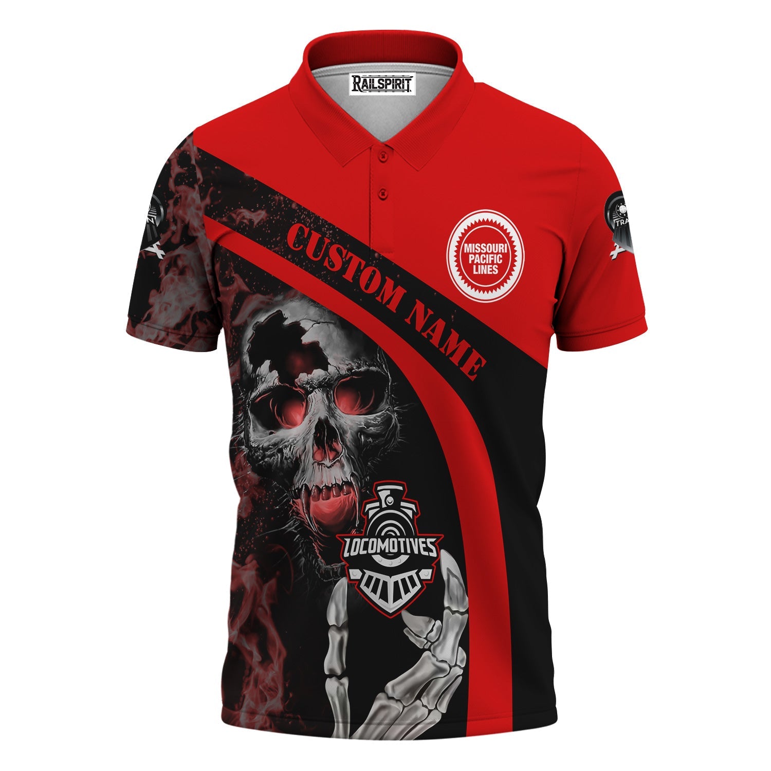 Railspirit Personalized Missouri Pacific Railroad Polo Shirt Flame Skull Design Train Shirt for Locomotive Fans
