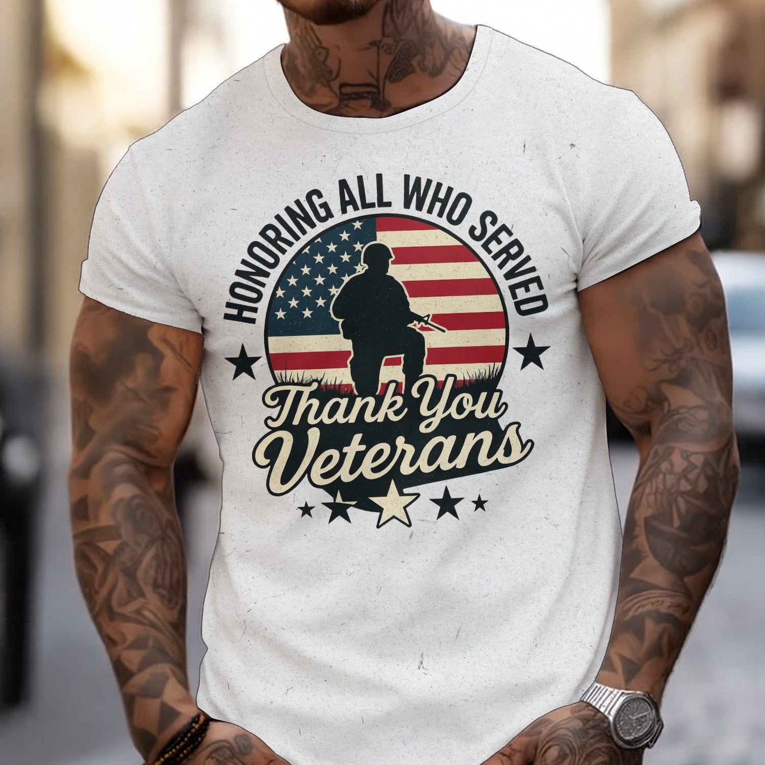 Honoring All Who Served Thank You Veterans Shirt, Patriotic Soldier Silhouette Tee, American Flag Veteran Appreciation Gift Bomber Jacket