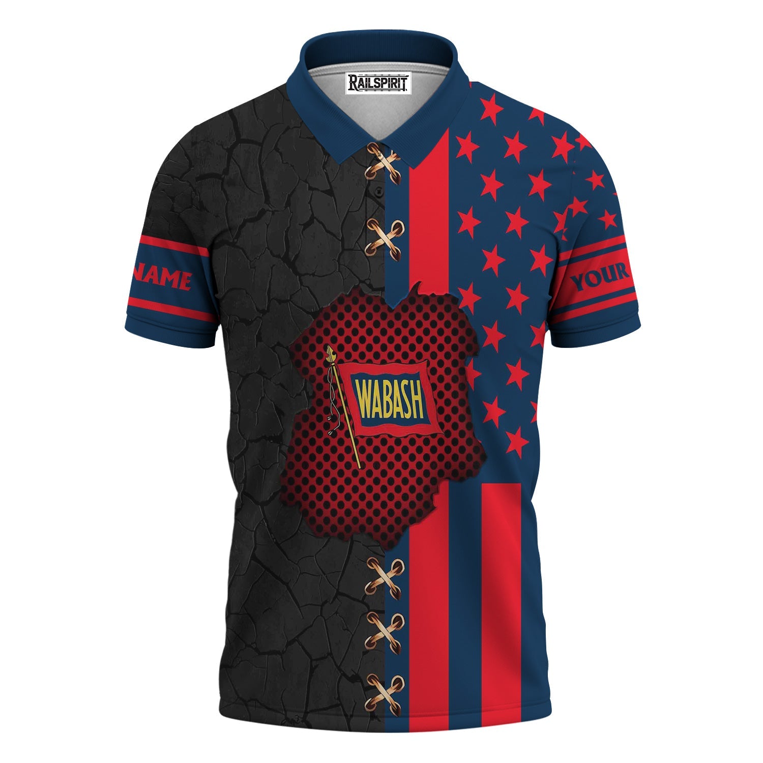 Railspirit Personalized Wabash Railroad Polo Shirt American Flag with Crack Effect Train Shirt