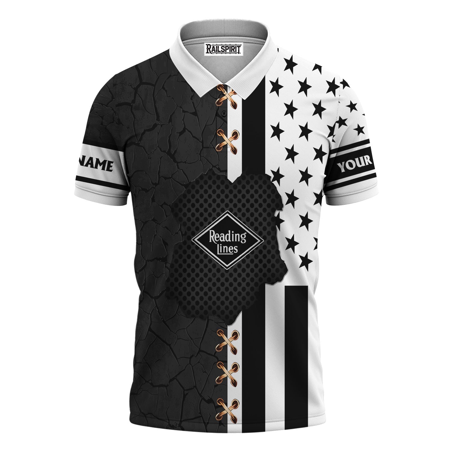 Railspirit Personalized Reading Railroad Polo Shirt American Flag with Crack Effect Train Shirt