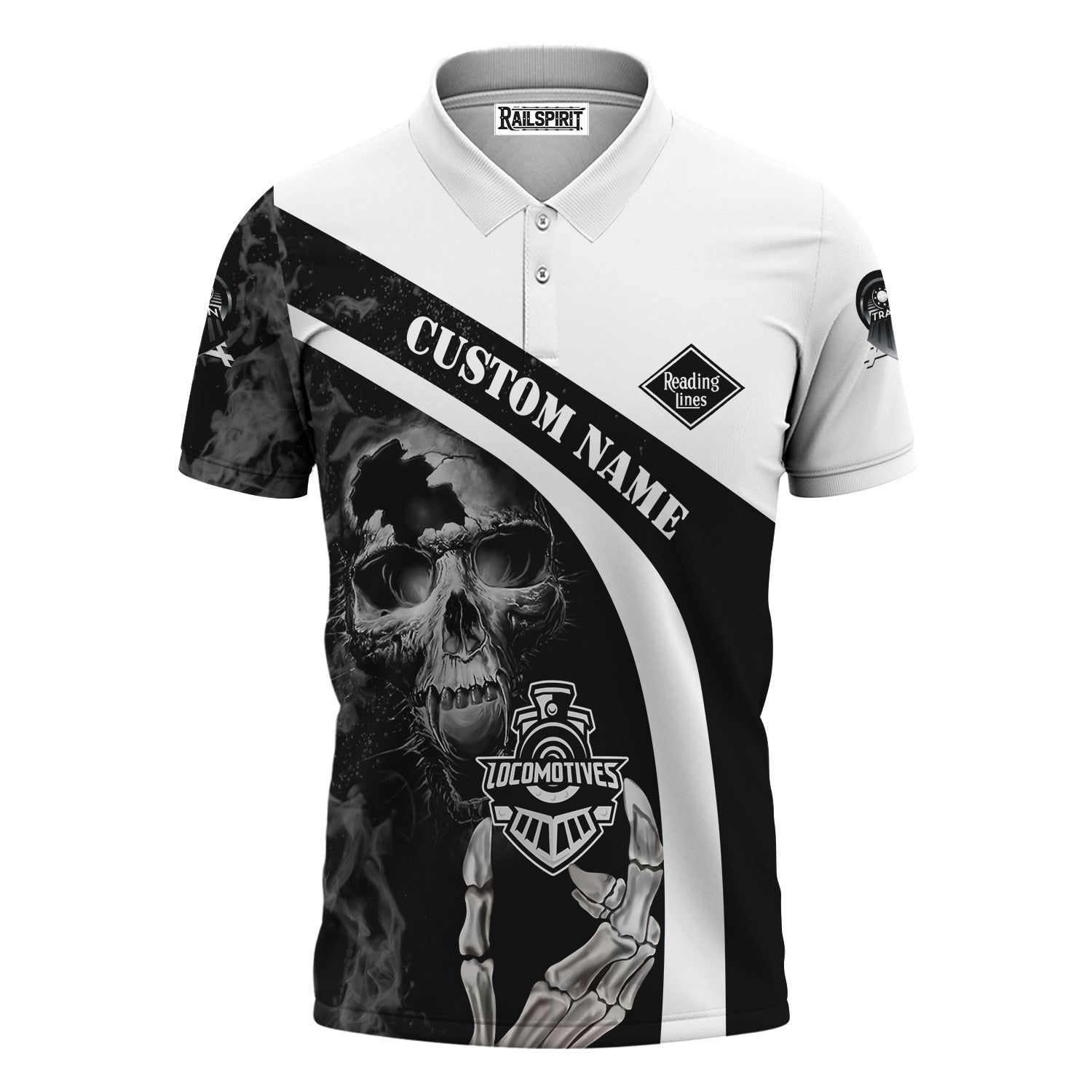 Railspirit Personalized Reading Railroad Polo Shirt Flame Skull Design Train Shirt for Locomotive Fans