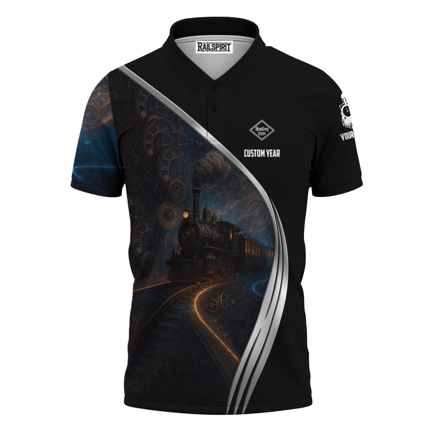 Railspirit Personalized Reading Railroad Polo Shirt Steampunk Locomotive with Custom Year Train Shirt