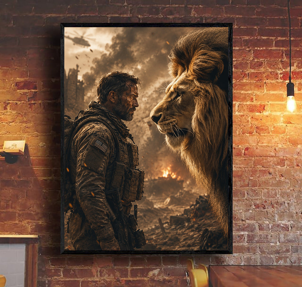 Lion Soldier Printed Canvas, Father’s Day Gift for Dad, Military Wall Art Decor with Veteran Warrior and Lion Face Design