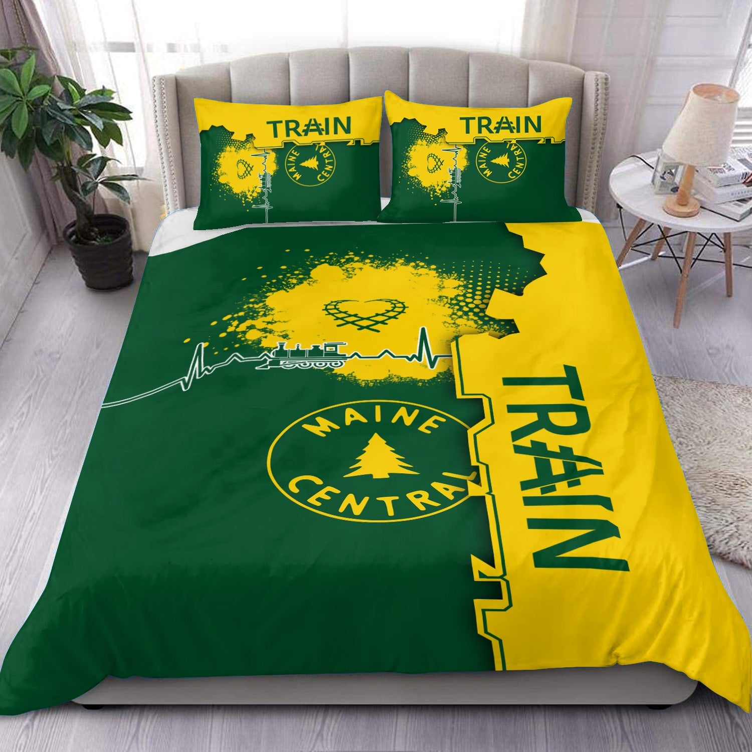 Railspirit Maine Central Railroad Bedding Set Engine Heartbeat and Track Love Style Bedding Set Gift Idea For Train Lovers