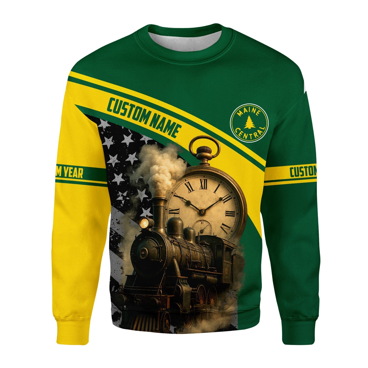 Railspirit Personalized Maine Central Railroad Sweatshirt Classic Steam Engine With Retro Pocket Watch Shirt All Over Print