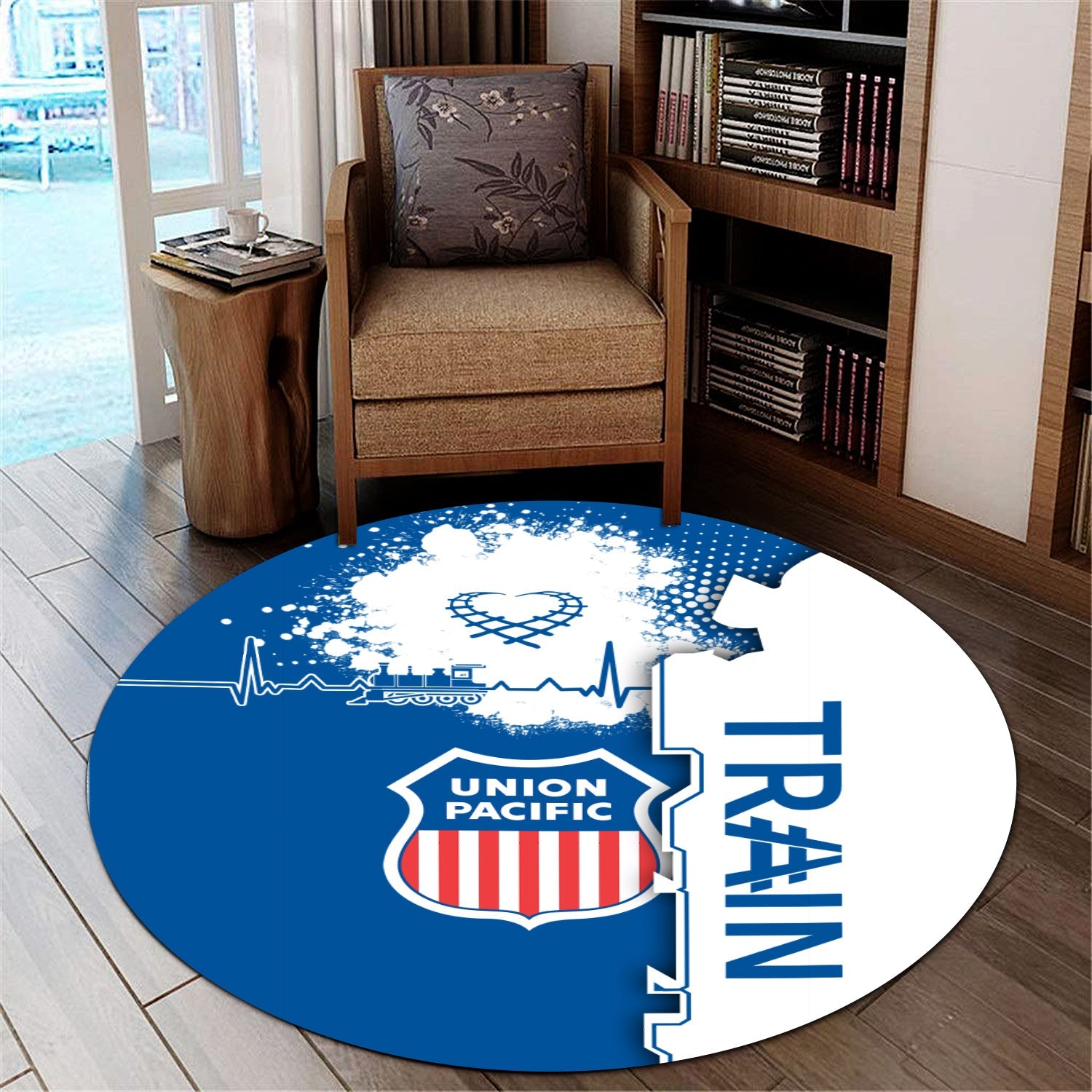 Railspirit Union Pacific Railroad Round Mat Engine Heartbeat and Track Love Style Big Boy Mat Gift Idea For Train Lovers