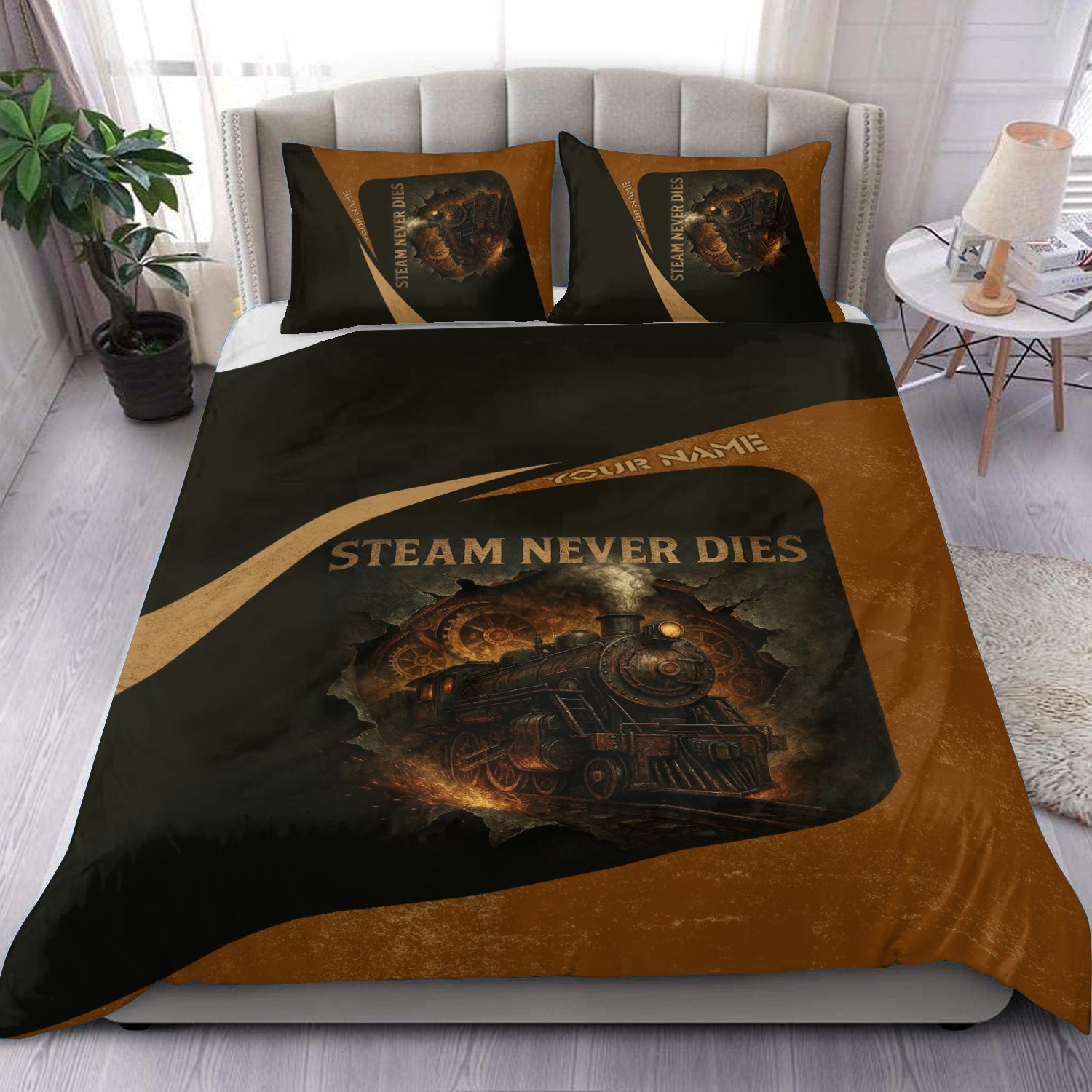 Railspirit Personalized Bedding Set Steam Never Dies Vintage Train Bedding Set for Railroad Fanatic