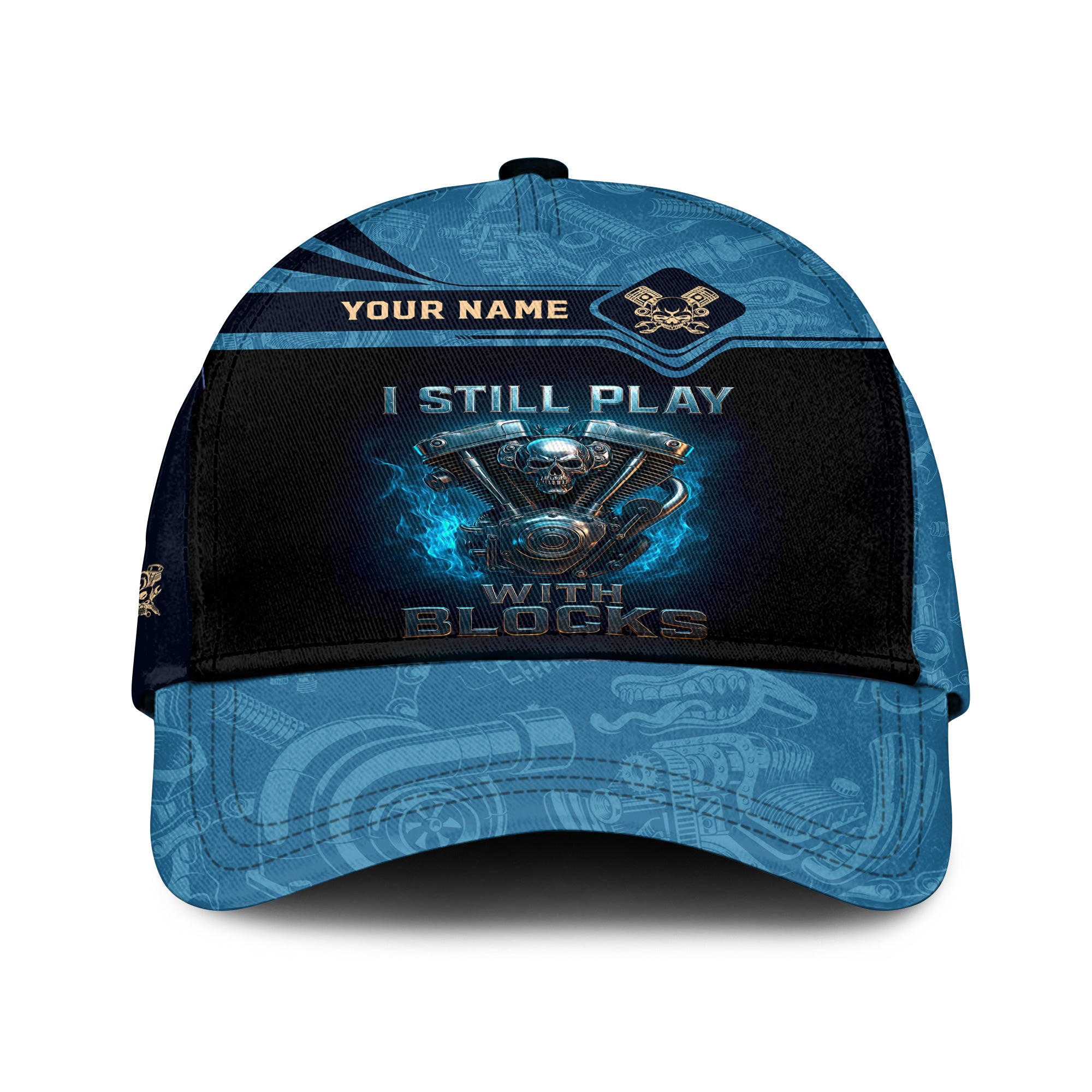 Personalized Classic Cap I Still Play With Blocks Flame Engine Skull Design Cap for Mechanics