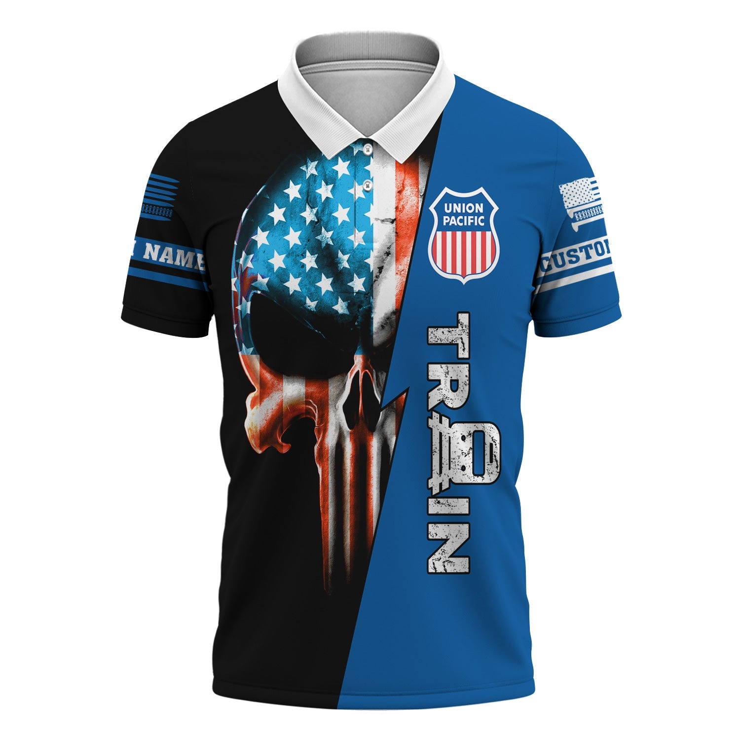 Railspirit Personalized Union Pacific Railroad Polo Shirt Train Skull American Flag Big Boy Shirt All Over Print