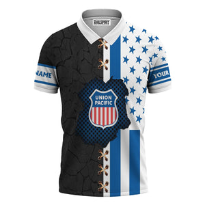 Railspirit Personalized Union Pacific Railroad Polo Shirt American Flag with Crack Effect Big Boy Train Shirt