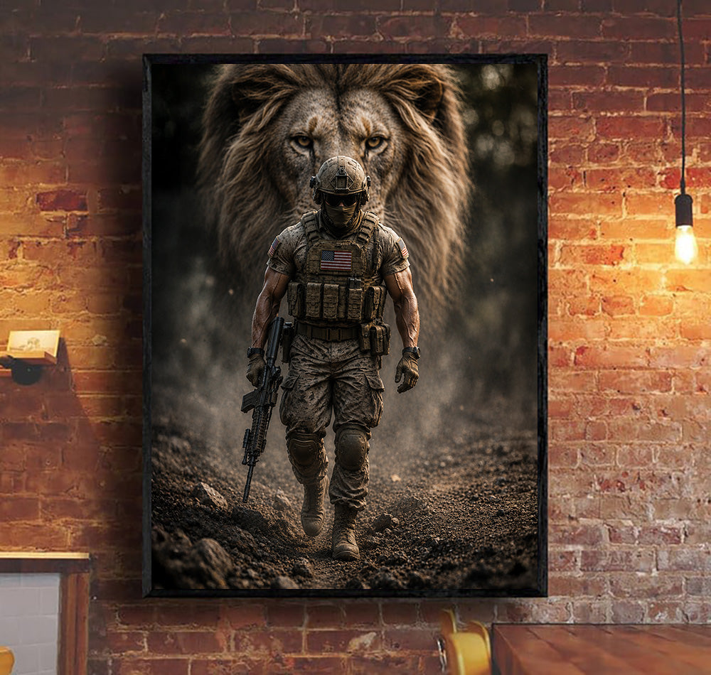 Lion Soldier Printed Canvas, Father’s Day Gift for Dad, Military Wall Art Decor with Brave Warrior and Powerful Lion Spirit Design