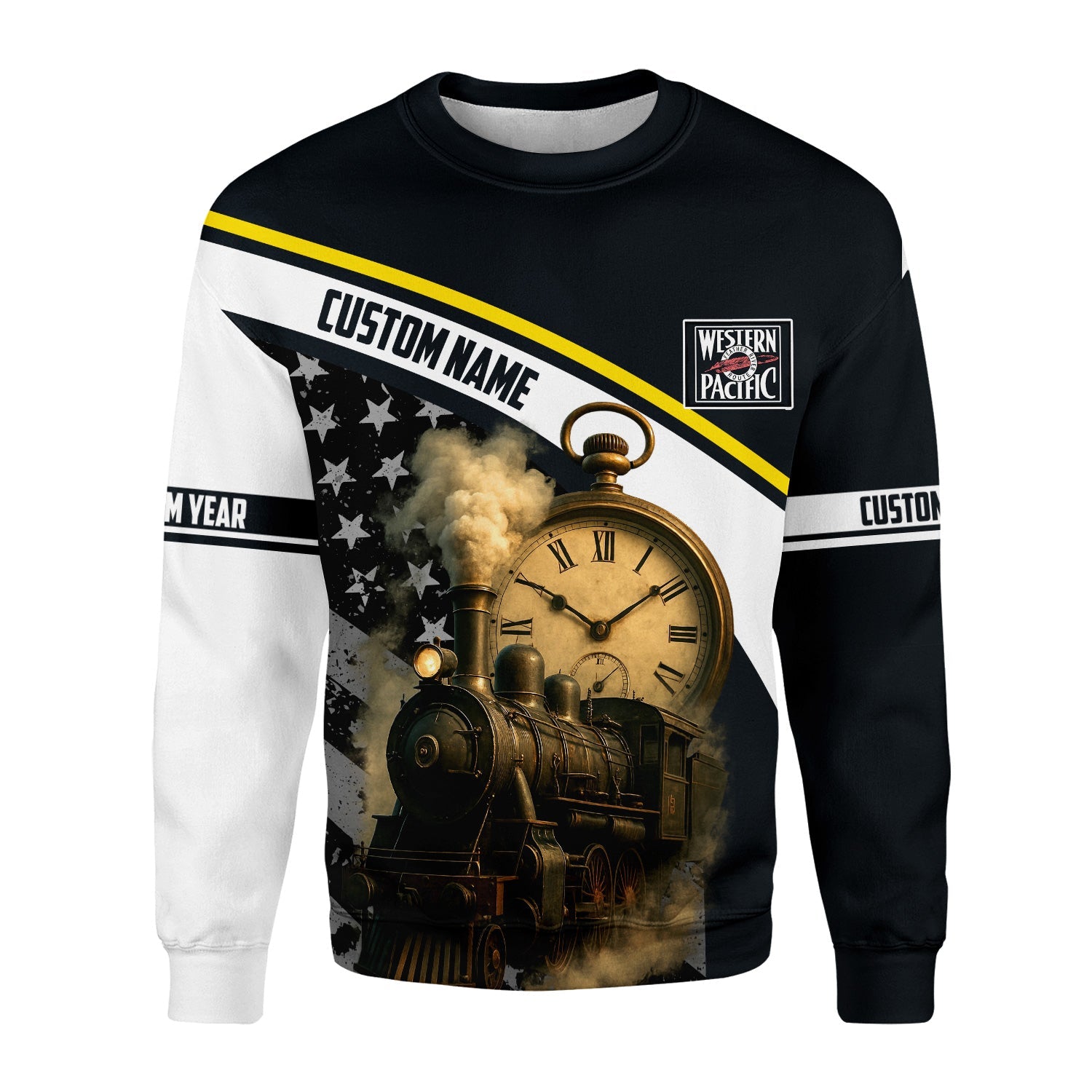 Railspirit Personalized Western Pacific Railroad Sweatshirt Classic Steam Engine With Retro Pocket Watch Shirt All Over Print
