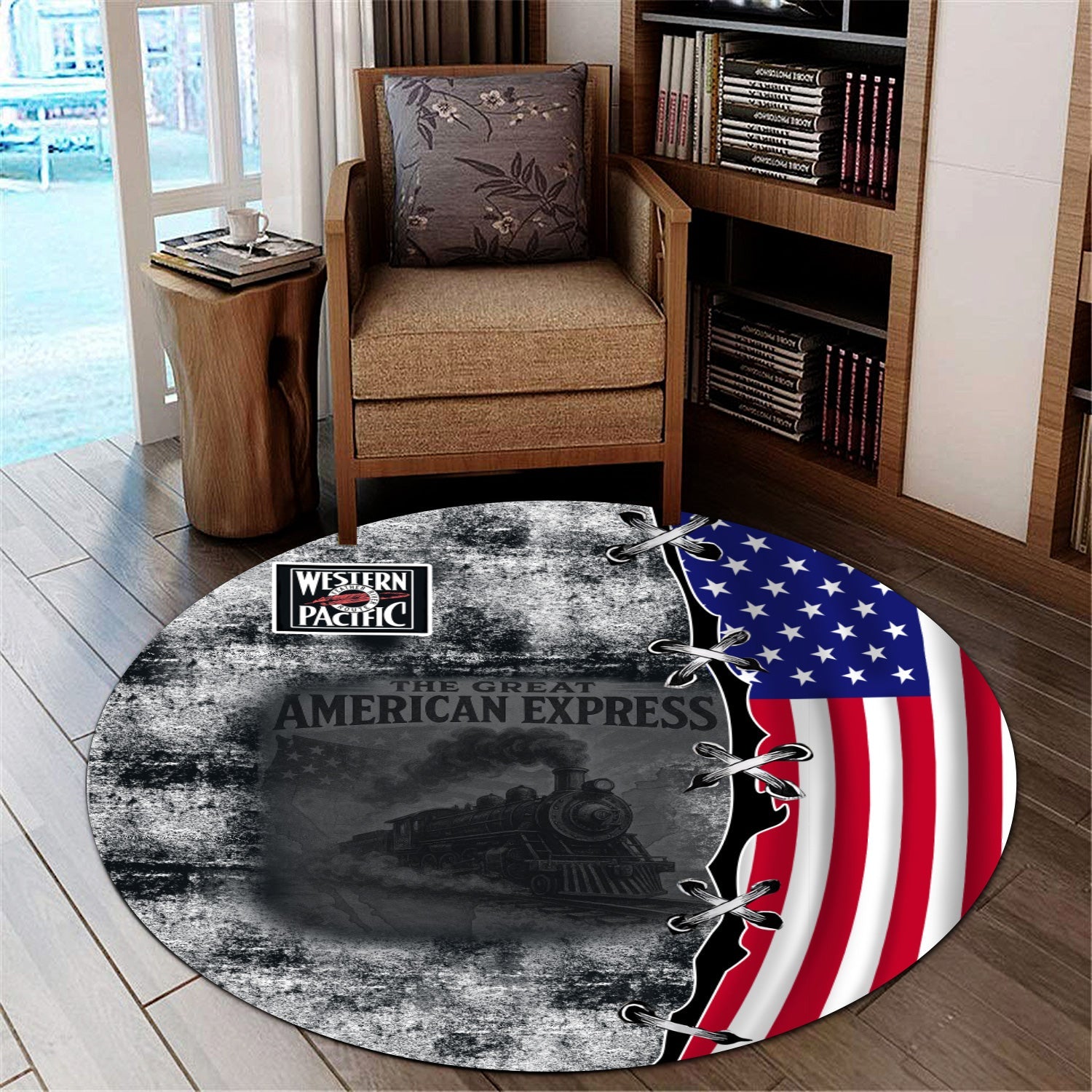 Railspirit Western Pacific Railroad Round Mat Retro American Express Train With USA Flag Round Mat