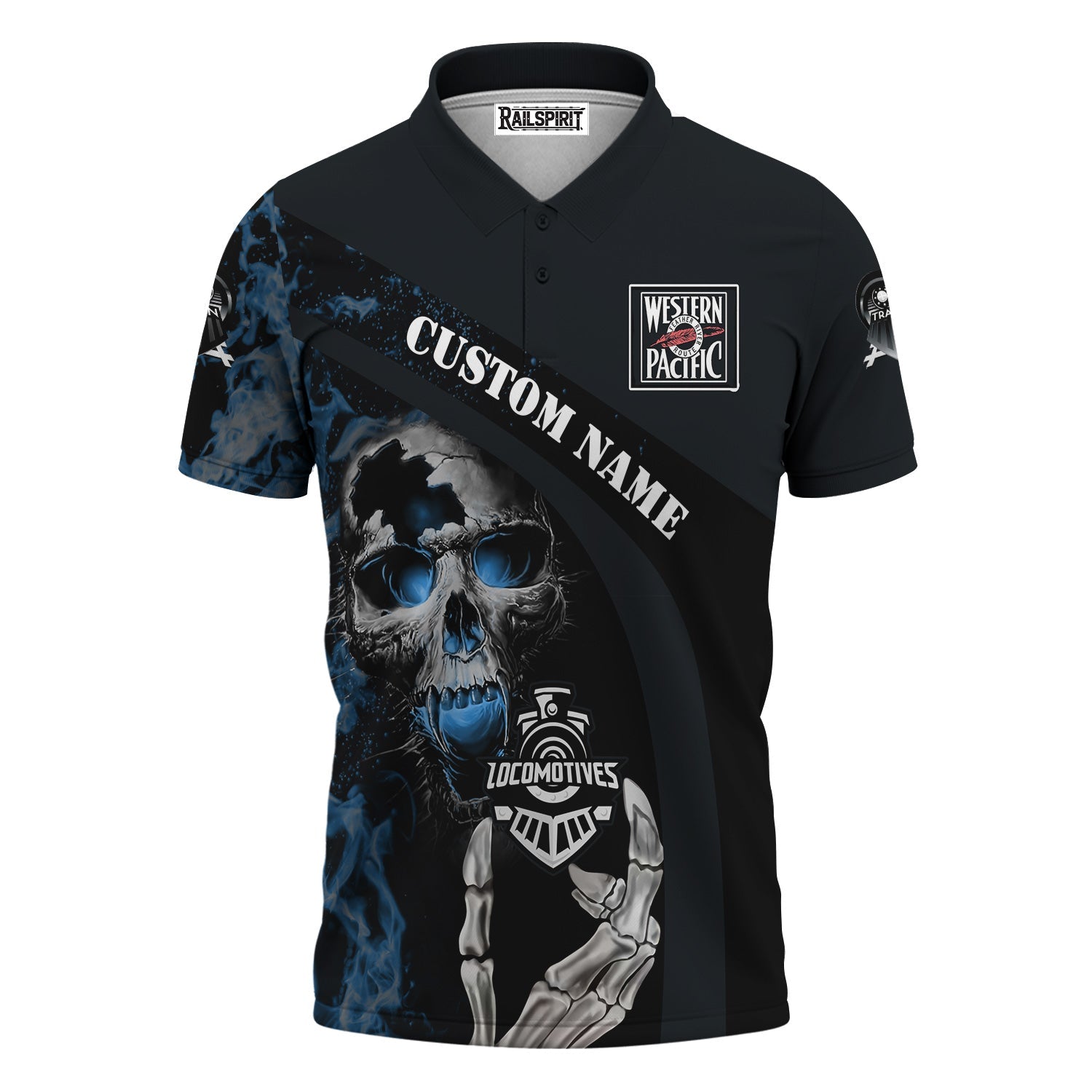 Railspirit Personalized Western Pacific Railroad Polo Shirt Flame Skull Design Train Shirt for Locomotive Fans