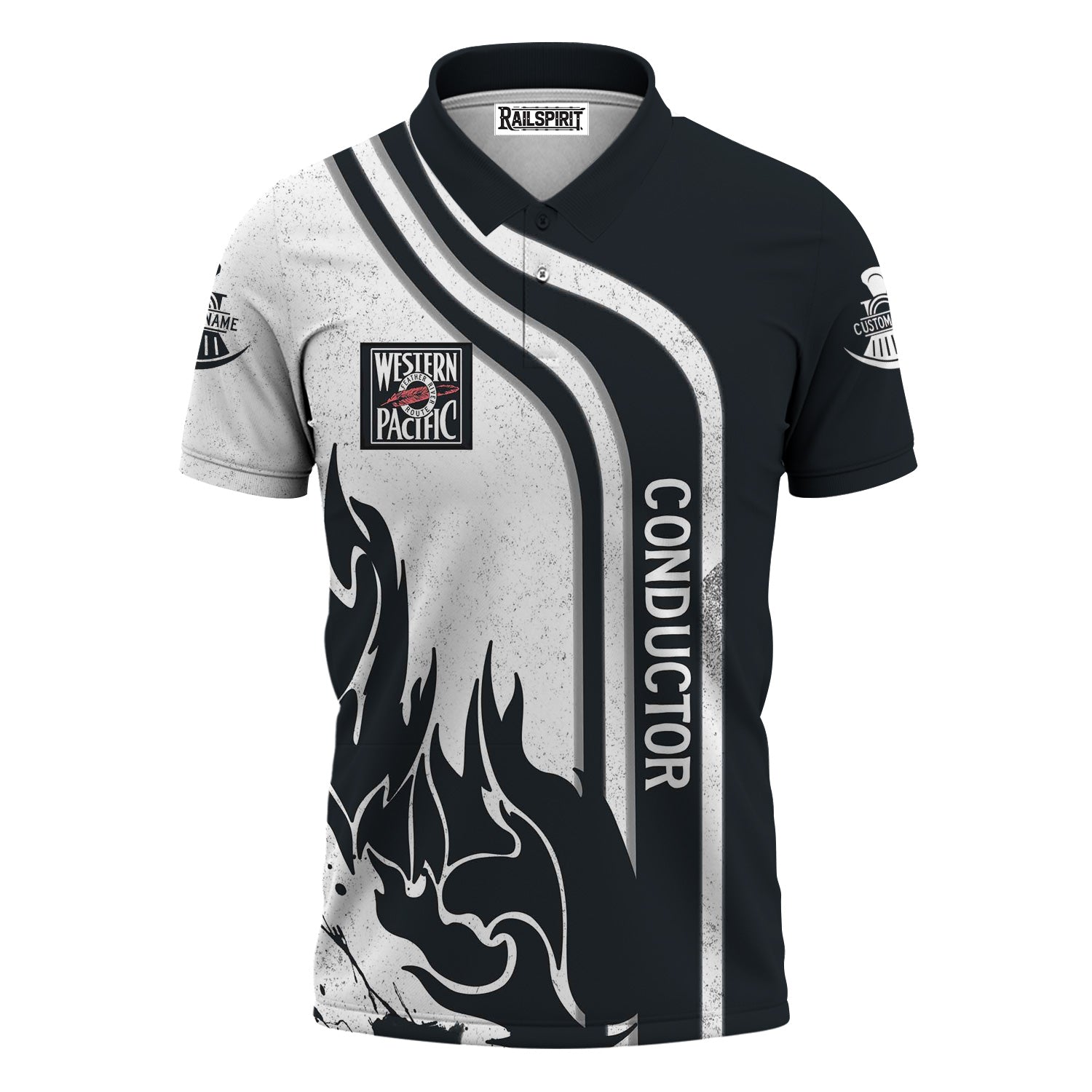 Railspirit Personalized Western Pacific Railroad Polo Shirt Flame Design with Custom Job Position Train Shirt