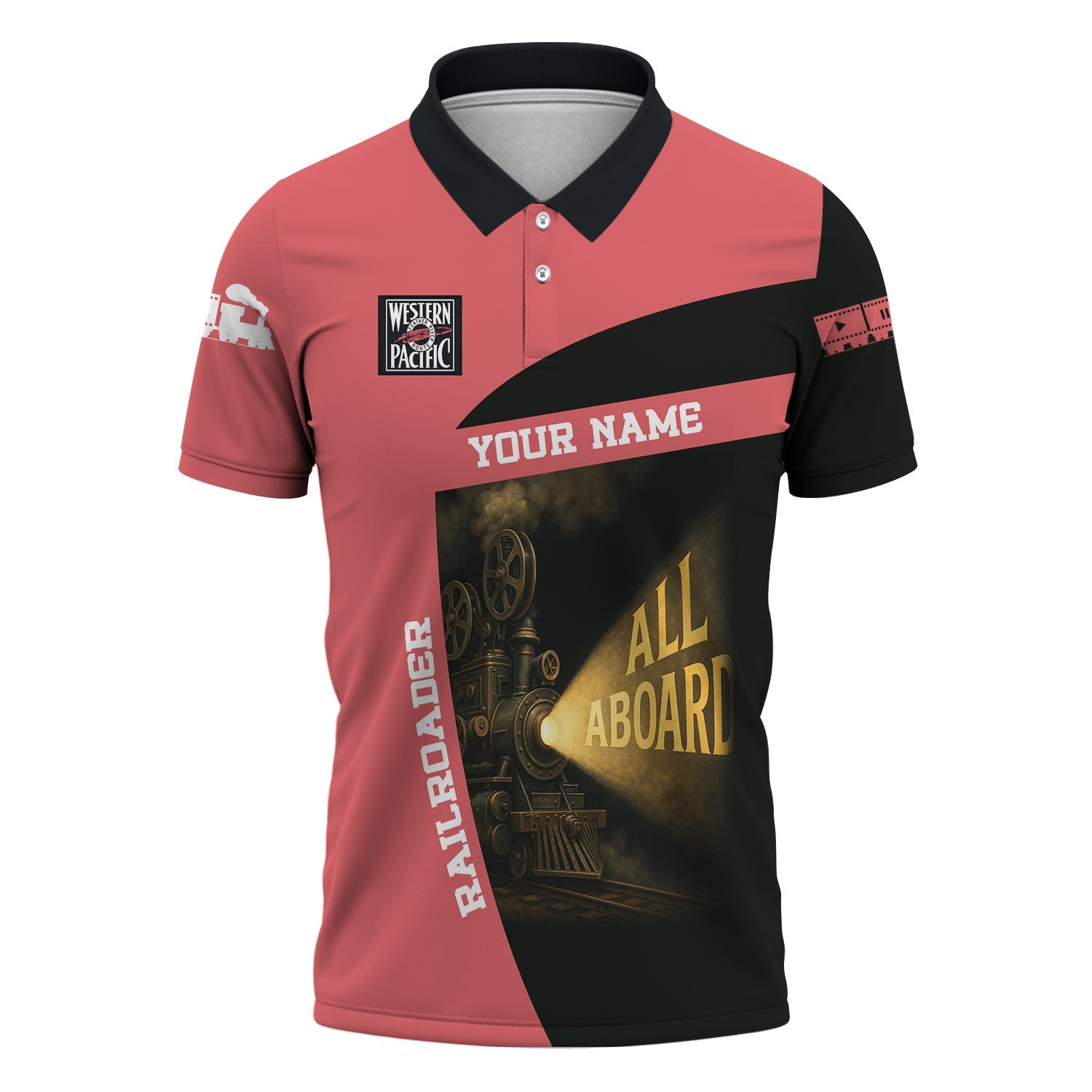 Railspirit Personalized Western Pacific Railroad Polo Shirt All Aboard Steam Train Movie Projector Style Shirt
