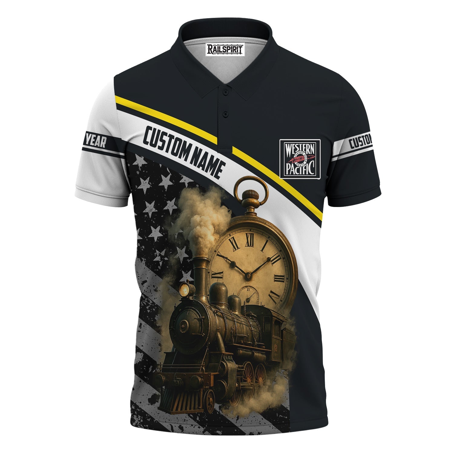 Railspirit Personalized Western Pacific Railroad Polo Shirt Classic Steam Engine With Retro Pocket Watch Shirt All Over Print