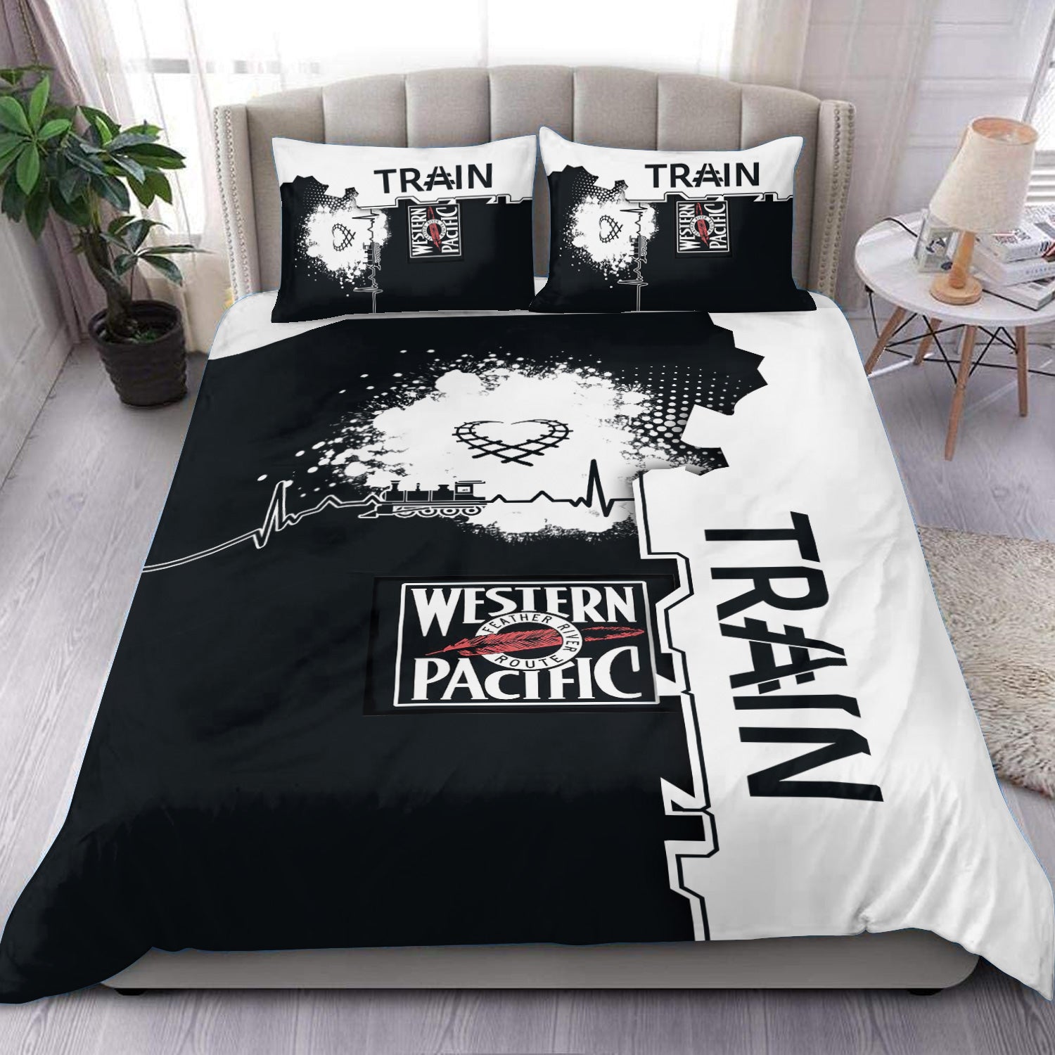Railspirit Western Pacific Railroad Bedding Set Engine Heartbeat and Track Love Style Bedding Set Gift Idea For Train Lovers