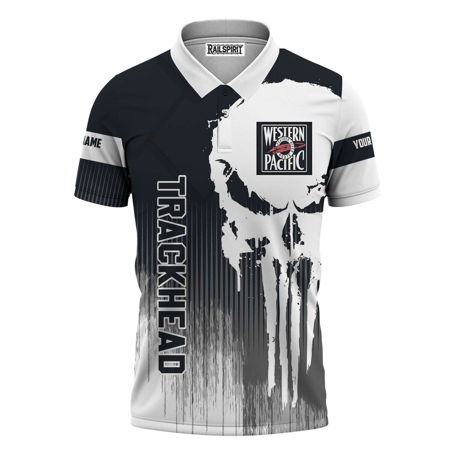 Railspirit Personalized Western Pacific Railroad Polo Shirt Skull Design with Custom Job Train Shirt for Trackhead Crew
