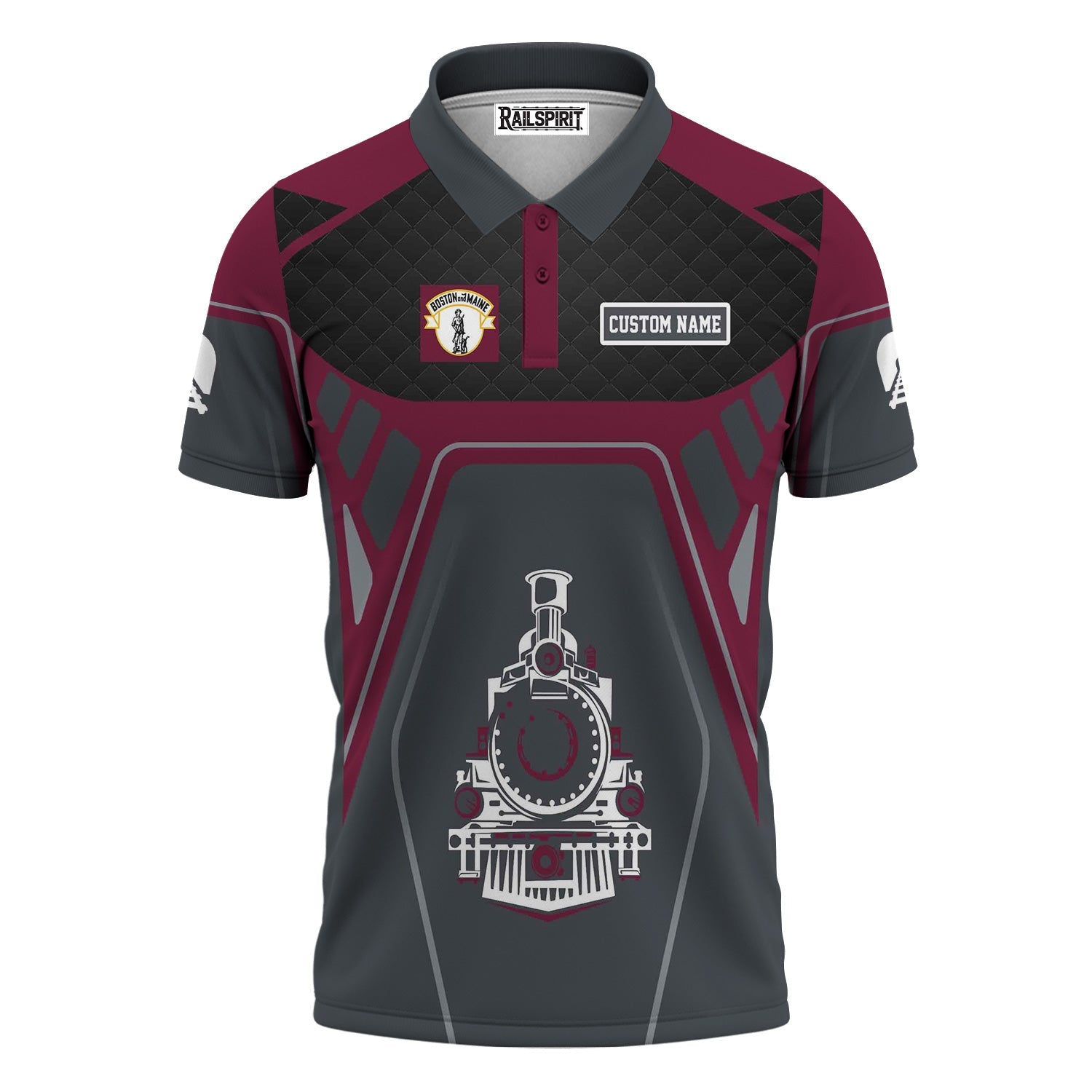 Railspirit Personalized Boston and Maine Railroad Polo Shirt Steam Locomotive Engine Graphic Train Shirt All Over Print
