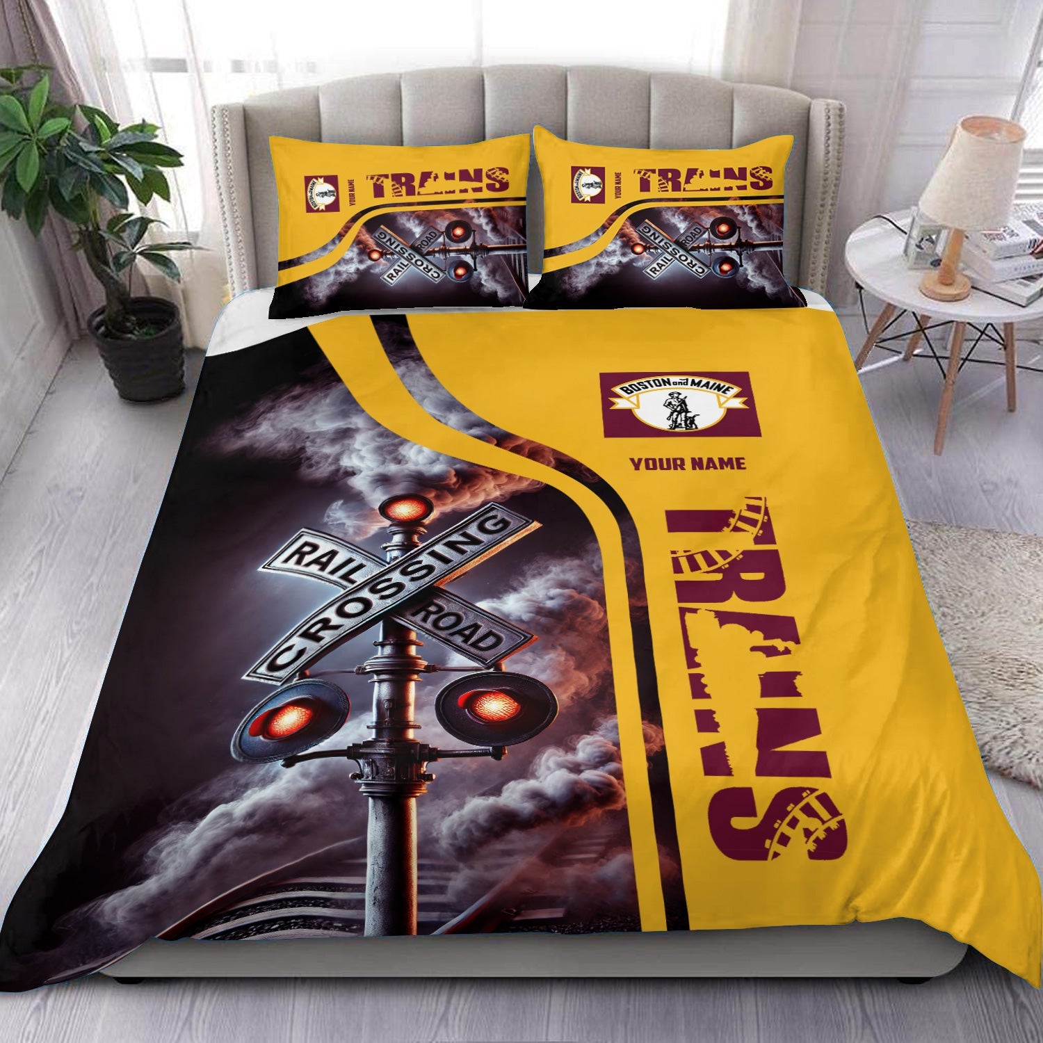 Railspirit Personalized Boston and Maine Railroad Bedding Set Railroad Crossing Sign Bedding Set All Over Print