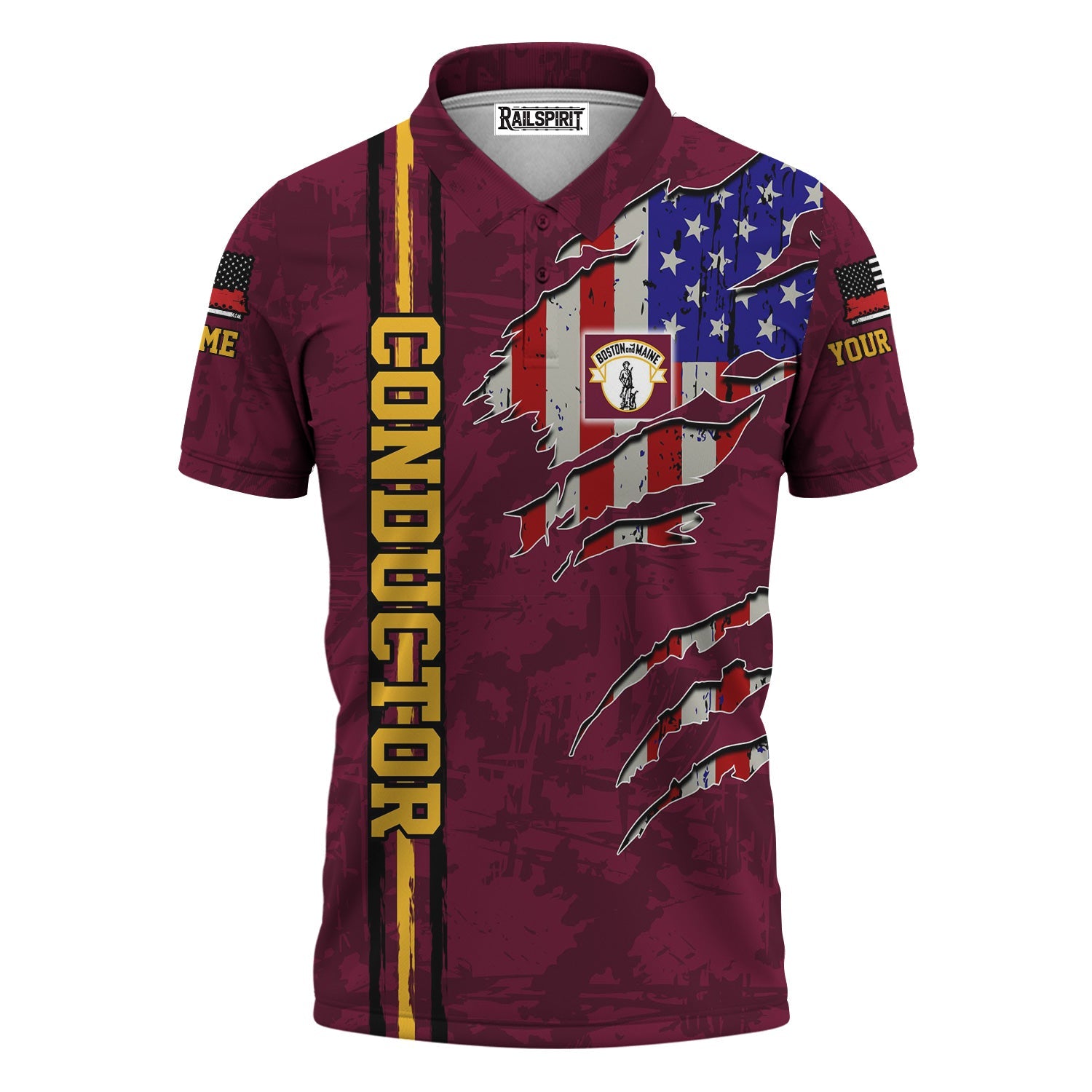 Railspirit Personalized Boston and Maine Railroad Polo Shirt USA Flag Claw Art with Custom Job Train Shirt