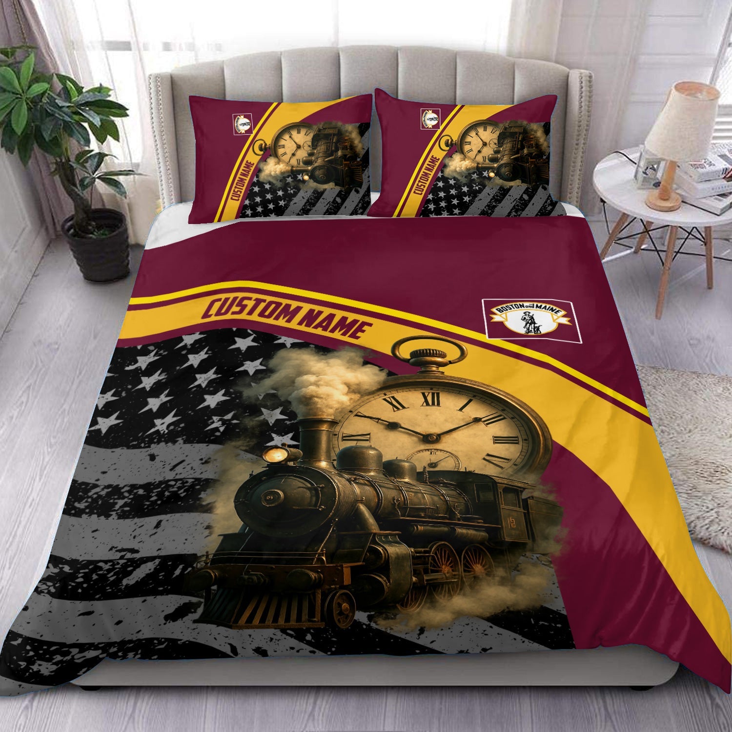 Railspirit Personalized Boston and Maine Railroad Bedding Set Classic Steam Engine With Retro Pocket Watch Bedding Set All Over Print