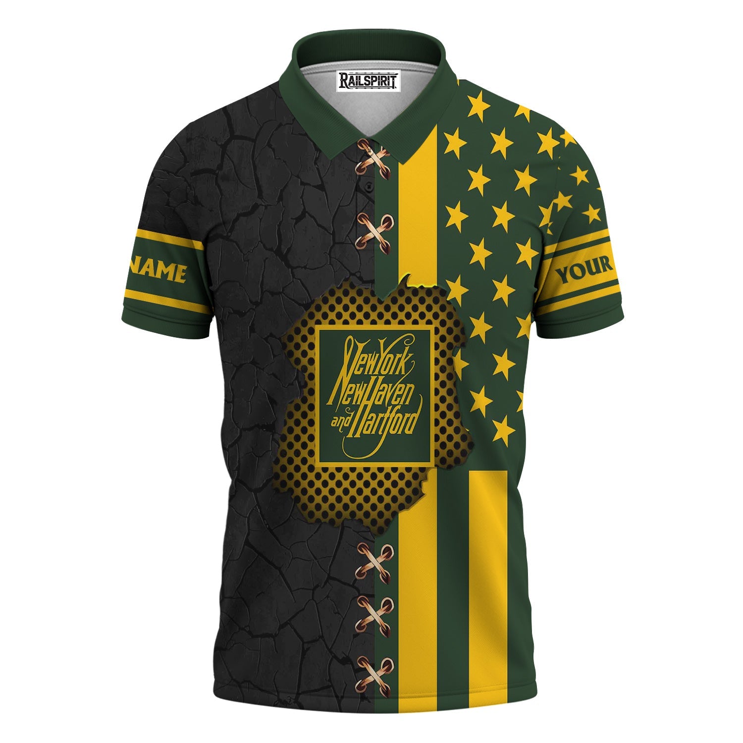 Railspirit Personalized New York, New Haven and Hartford Railroad Polo Shirt American Flag with Crack Effect New Haven Railroad Train Shirt