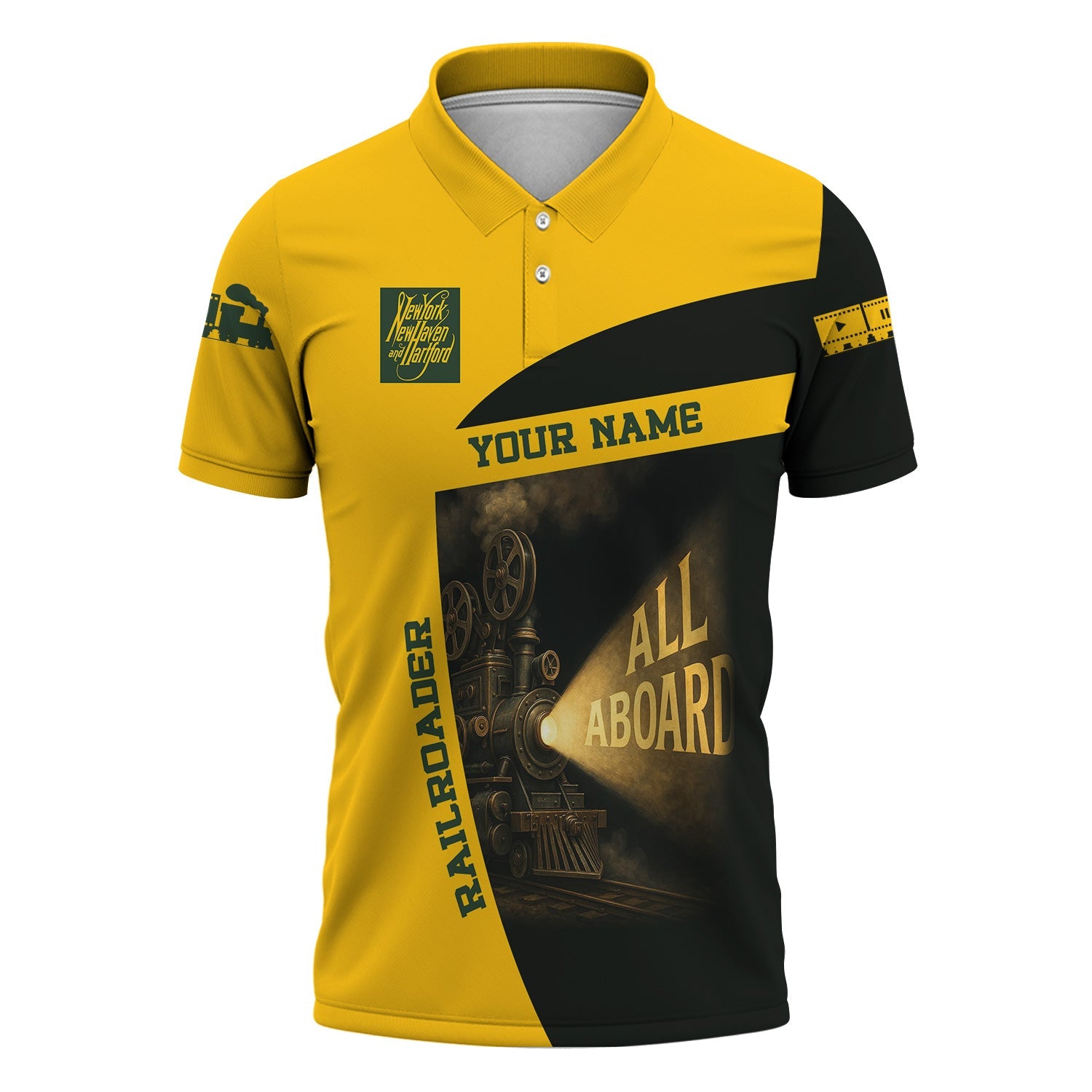 Railspirit Personalized New York, New Haven and Hartford Railroad Polo Shirt All Aboard Steam Train Movie Projector Style New Haven Railroad Shirt