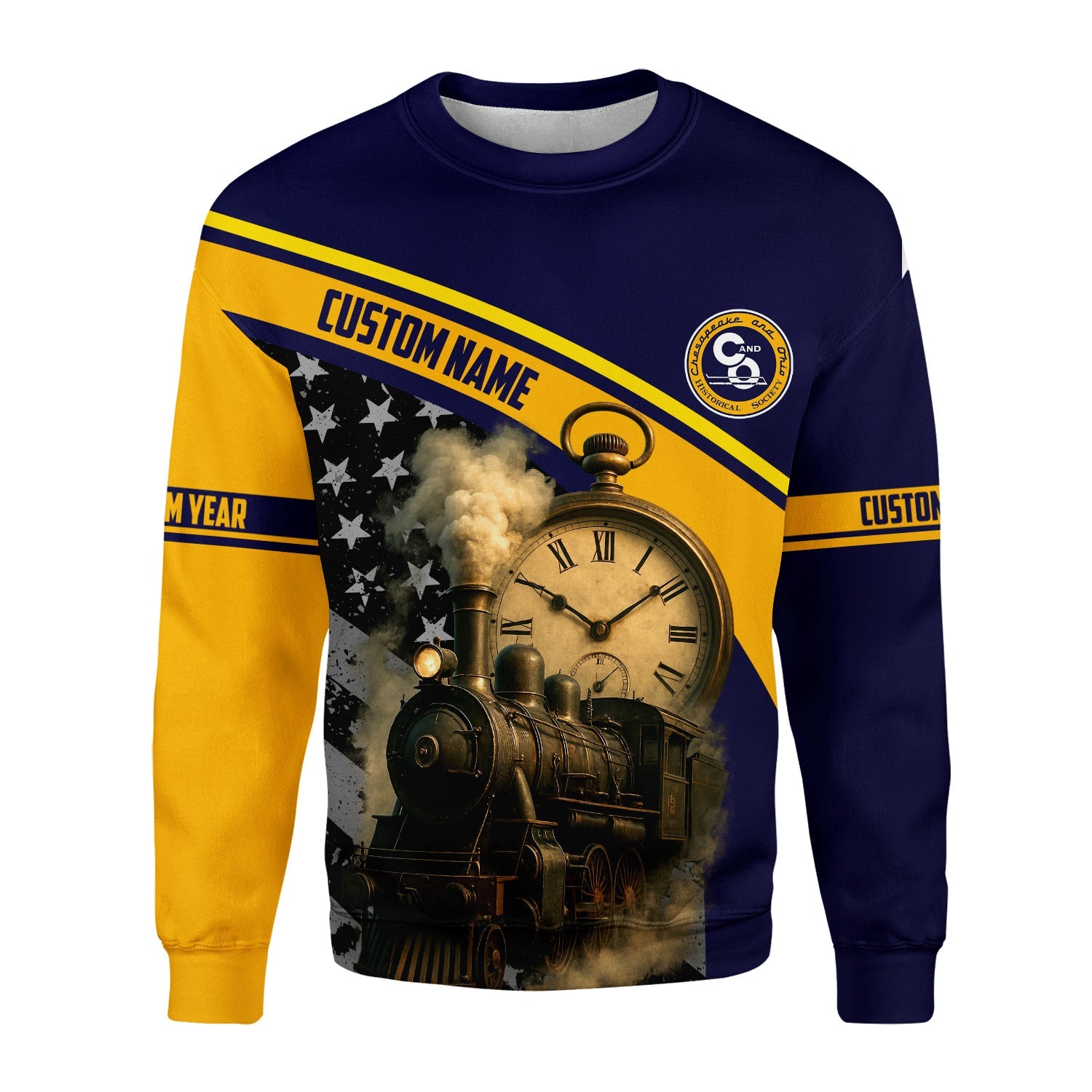 Railspirit Personalized Chesapeake and Ohio Railway Sweatshirt Classic Steam Engine With Retro Pocket Watch C&O Shirt All Over Print