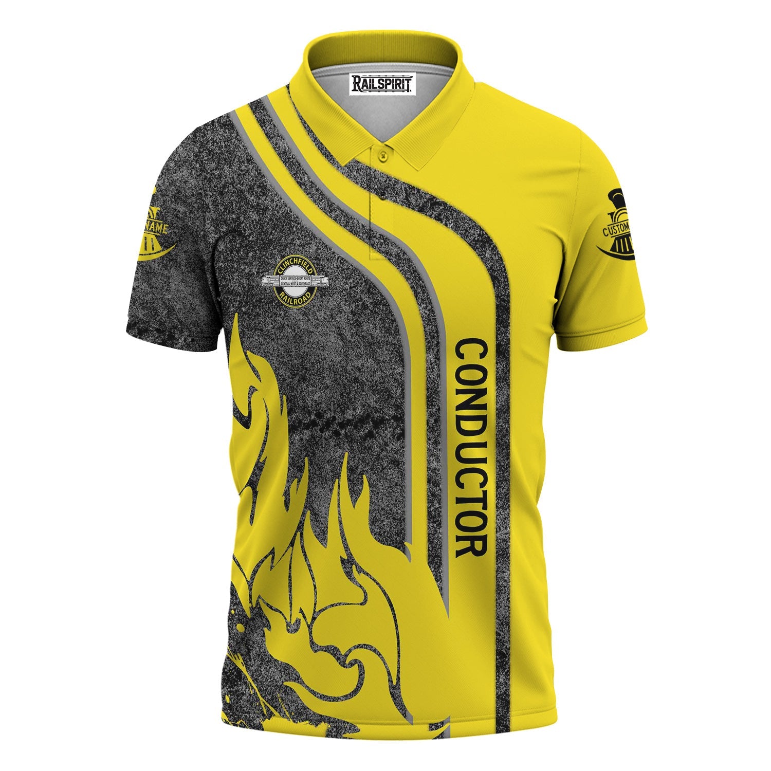 Railspirit Personalized Clinchfield Railroad Polo Shirt Flame Design with Custom Job Position Train Shirt