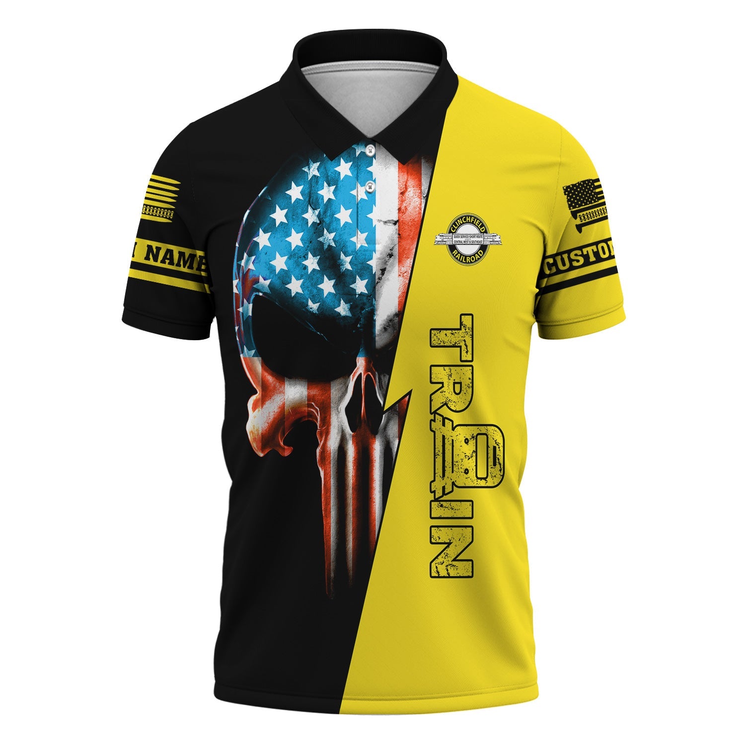 Railspirit Personalized Clinchfield Railroad Polo Shirt Train Skull American Flag Shirt All Over Print