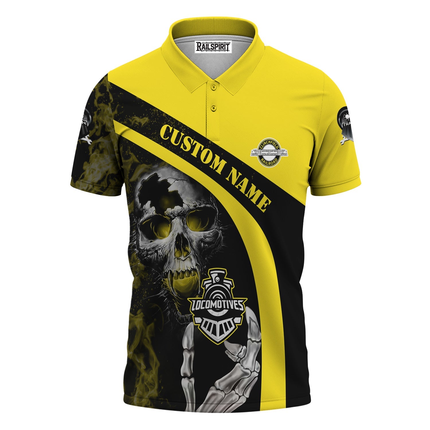 Railspirit Personalized Clinchfield Railroad Polo Shirt Flame Skull Design Train Shirt for Locomotive Fans