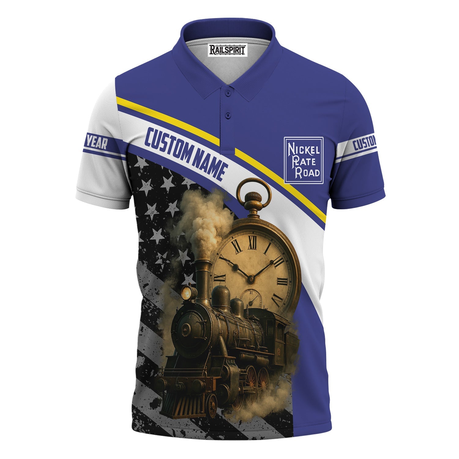 Railspirit Personalized New York, Chicago and St. Louis Railroad Polo Shirt Classic Steam Engine With Retro Pocket Watch Nickel Plate Road Shirt