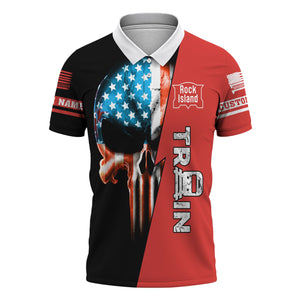 Railspirit Personalized Chicago, Rock Island and Pacific Railroad Polo Shirt Train Skull American Flag Rock Island Railroad Shirt