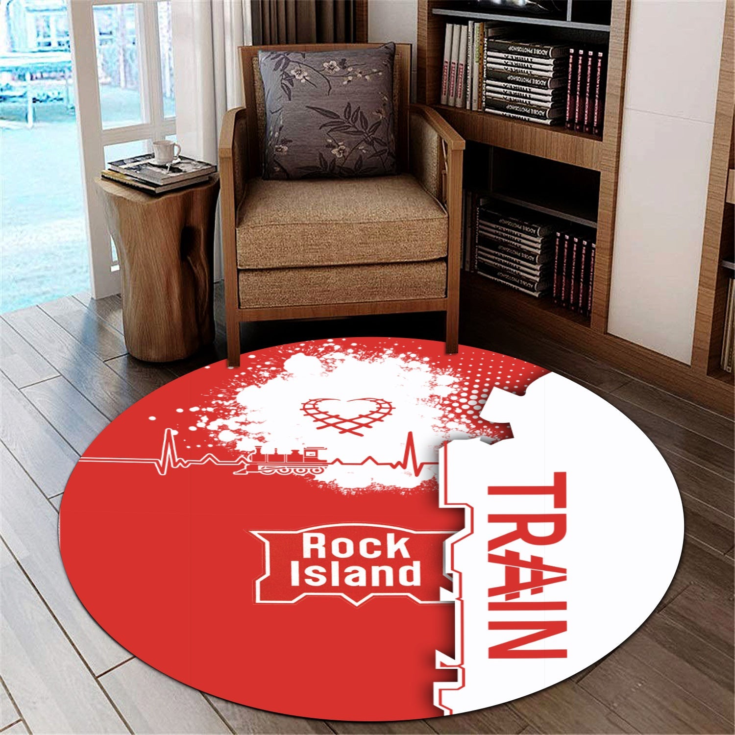 Railspirit Chicago, Rock Island and Pacific Railroad Round Mat Engine Heartbeat and Track Love Style Rock Island Railroad Mat Gift For Train Lovers