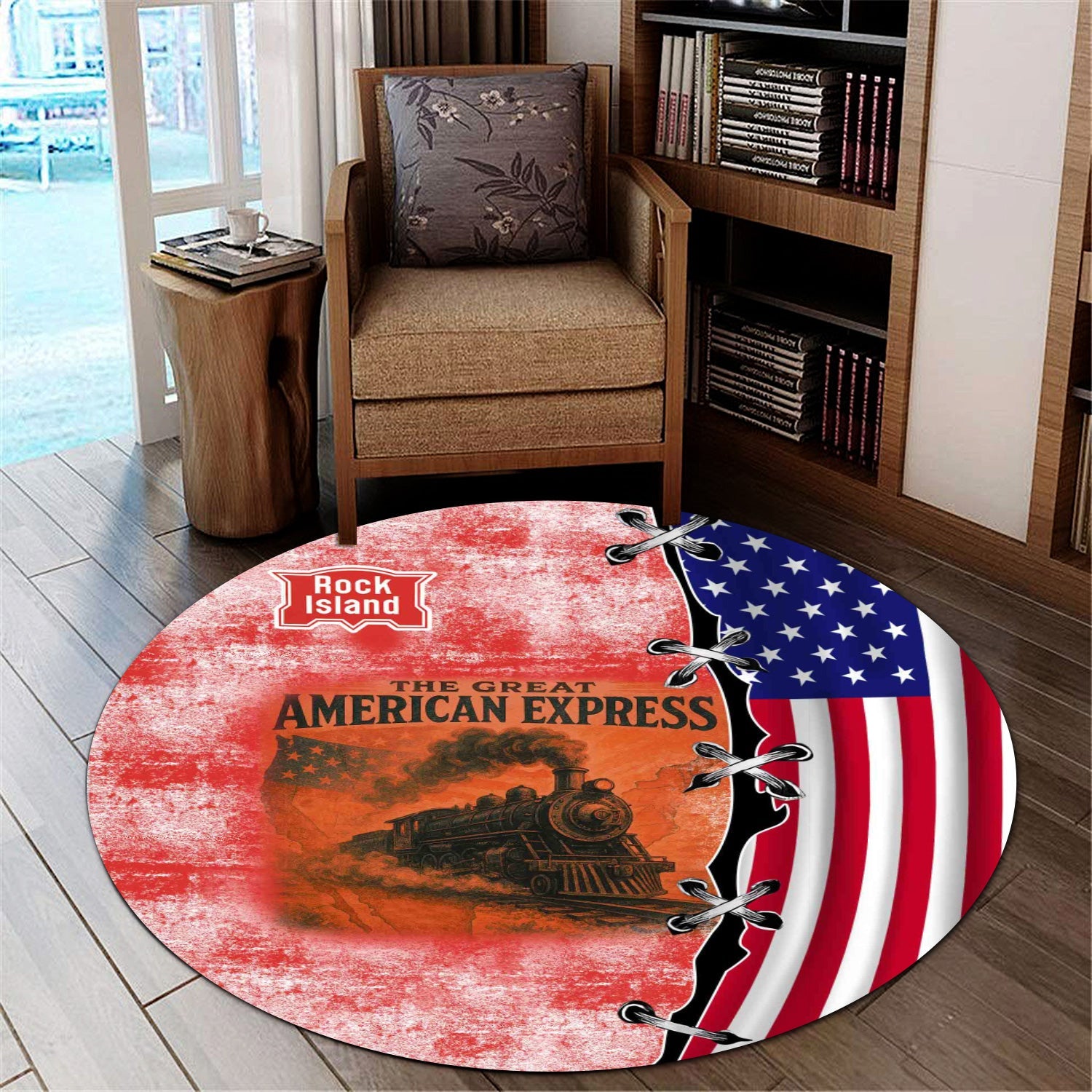 Railspirit Chicago, Rock Island and Pacific Railroad Round Mat Retro American Express Train With USA Flag Rock Island Railroad Round Mat