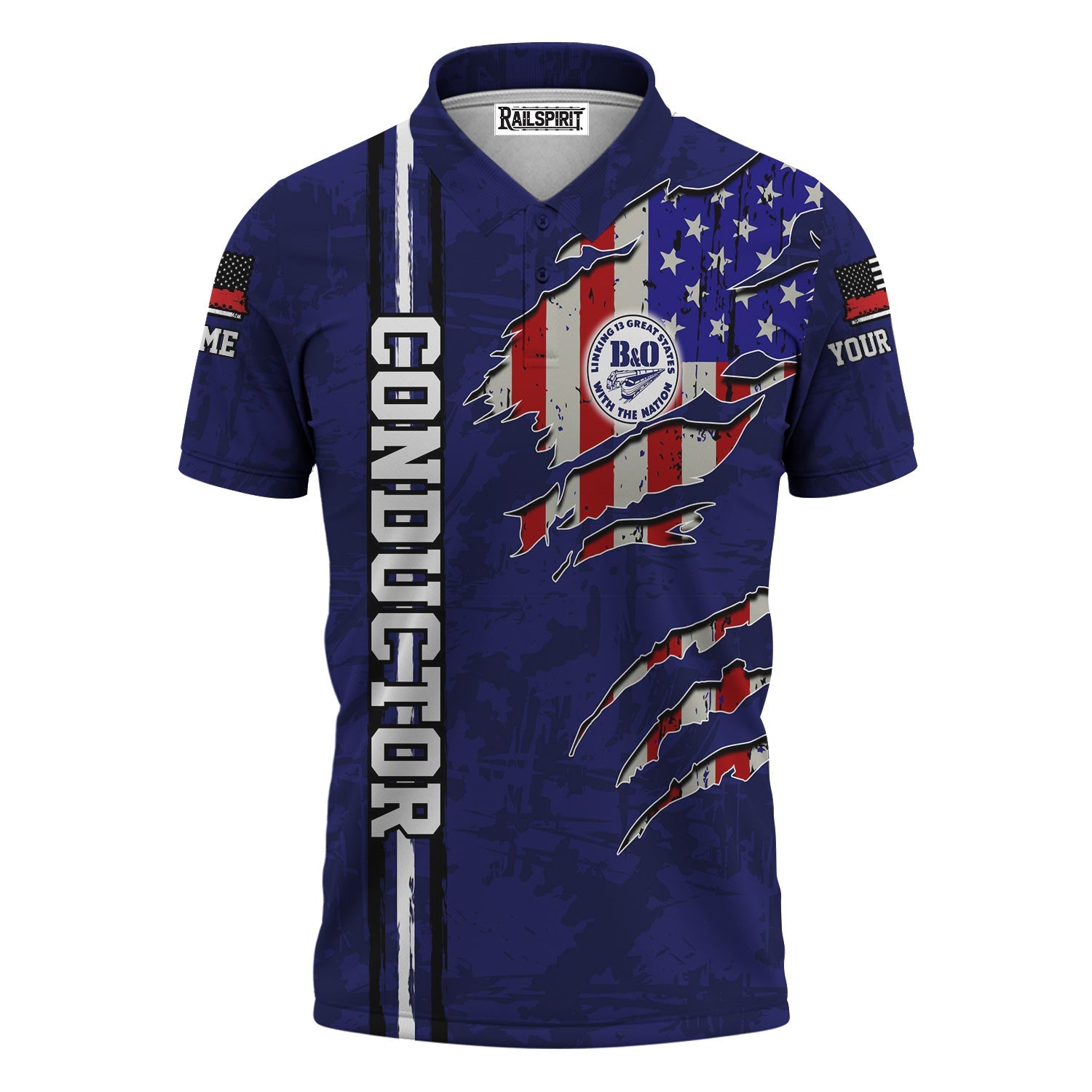 Railspirit Personalized B&O Great States Railroad Polo Shirt USA Flag Claw Art with Custom Job Train Shirt