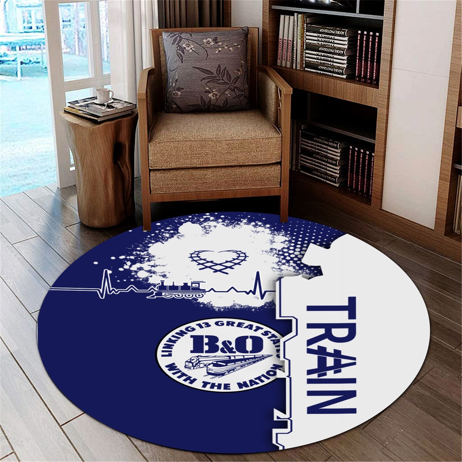 Railspirit B&O Great States Railroad Round Mat Engine Heartbeat and Track Love Style Mat Gift Idea For Train Lovers