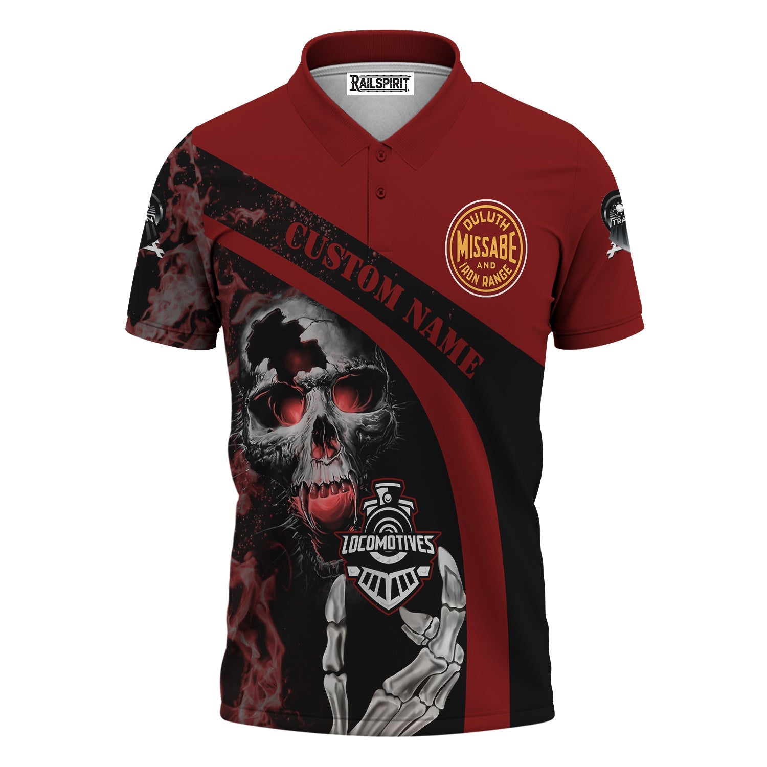 Railspirit Personalized Duluth, Missabe, & Iron Range Railroad Polo Shirt Flame Skull Design Train Shirt for Locomotive Fans
