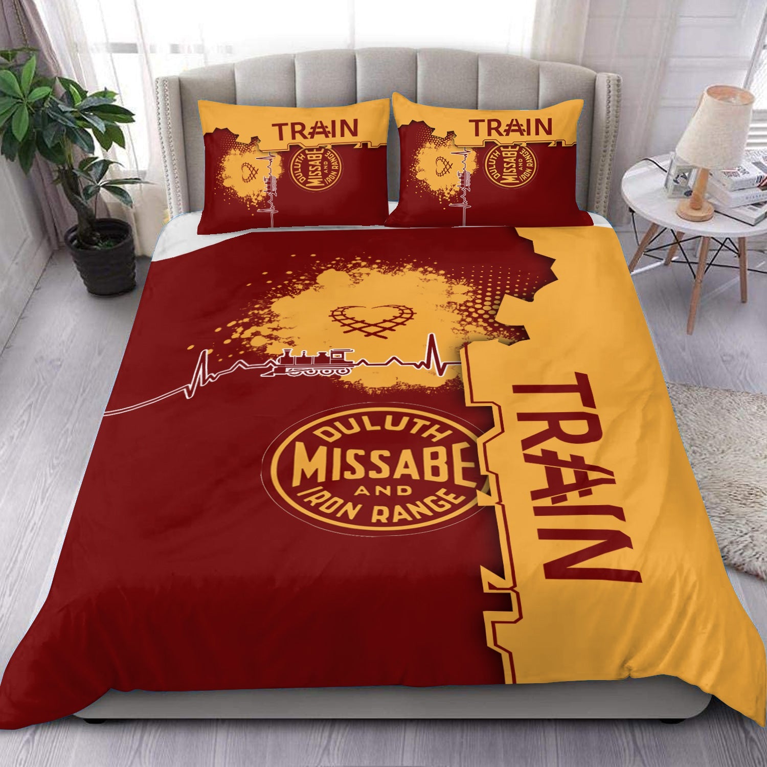 Railspirit Duluth, Missabe, & Iron Range Railroad Bedding Set Engine Heartbeat and Track Love Style Bedding Set Gift Idea For Train Lovers