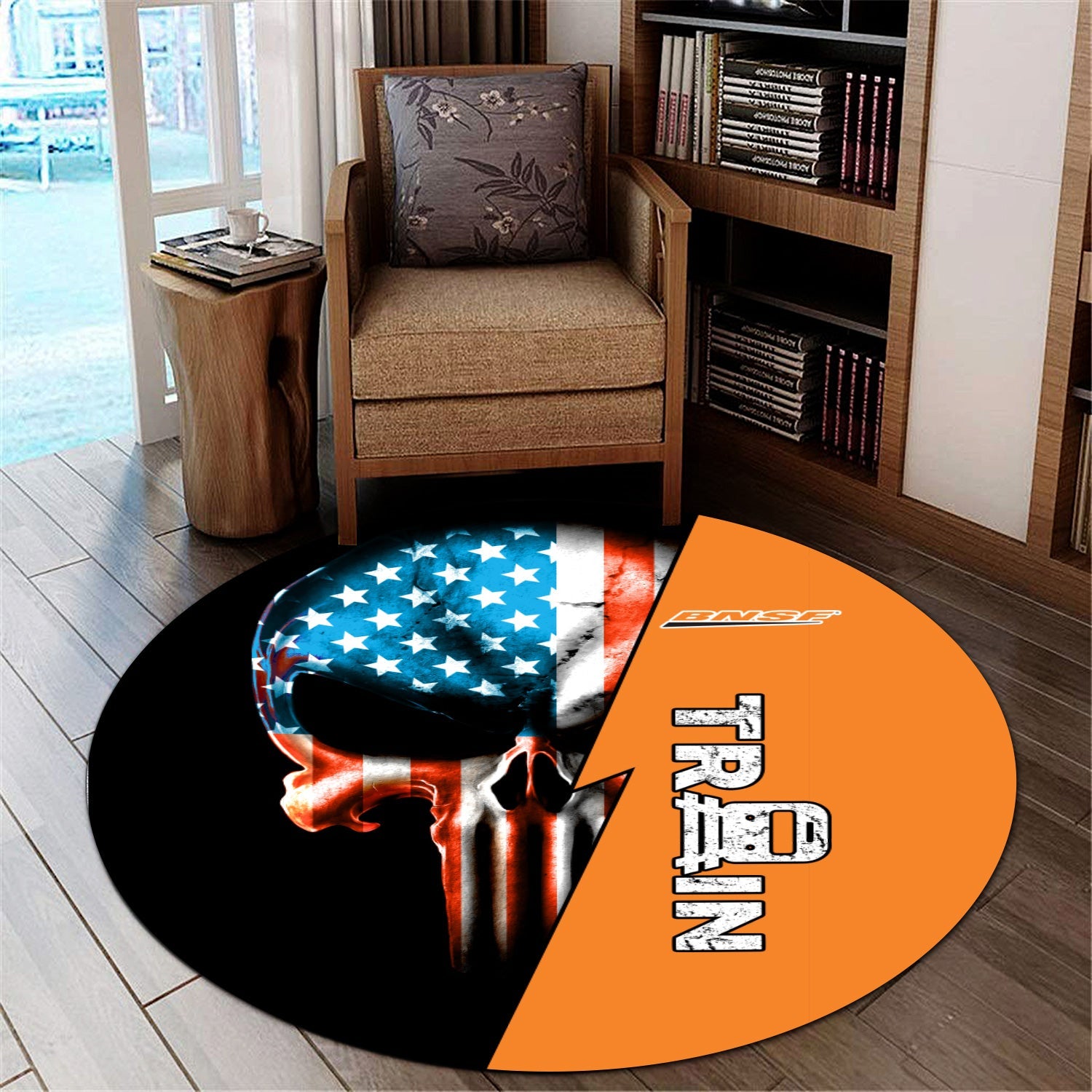Railspirit BNSF Railway Round Mat Train Skull American Flag Style Rug All Over Print