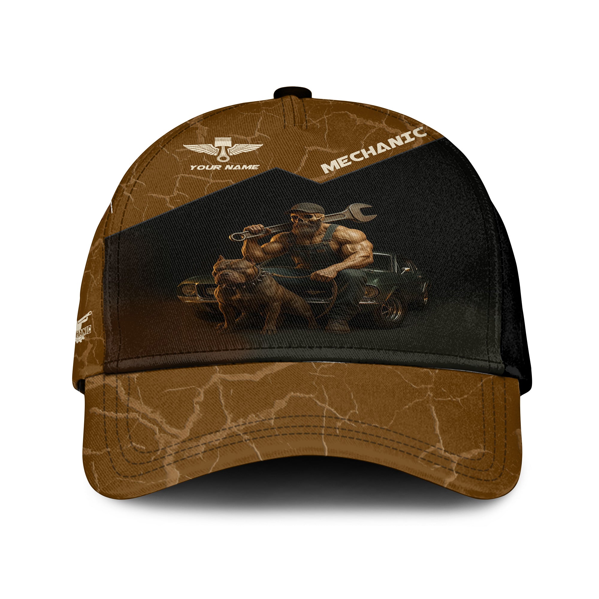 Personalized Classic Cap Don't Mess With Vintage Mechanics Skull with Dog and Classic Car Design Cap For Mechanics