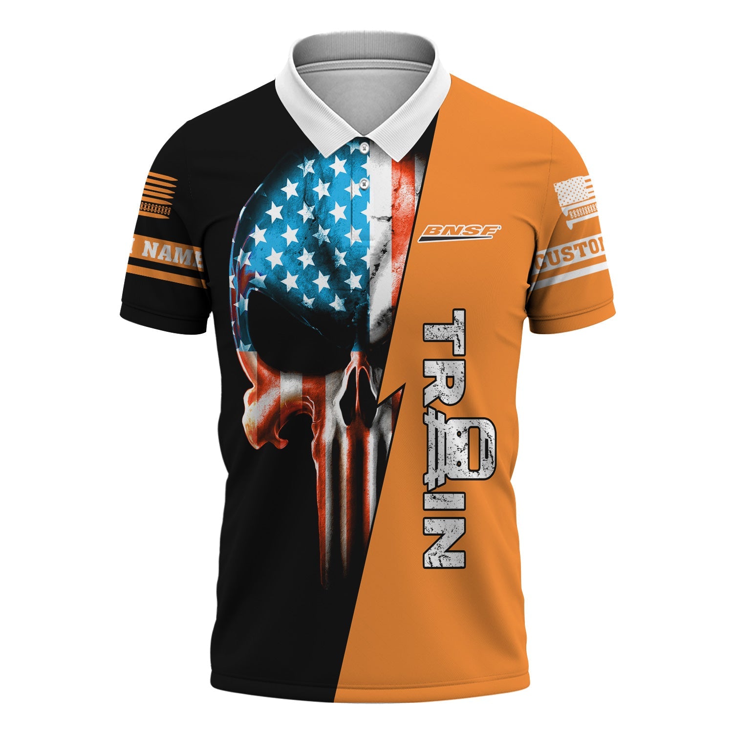 Railspirit Personalized BNSF Railway Polo Shirt Train Skull American Flag Shirt All Over Print