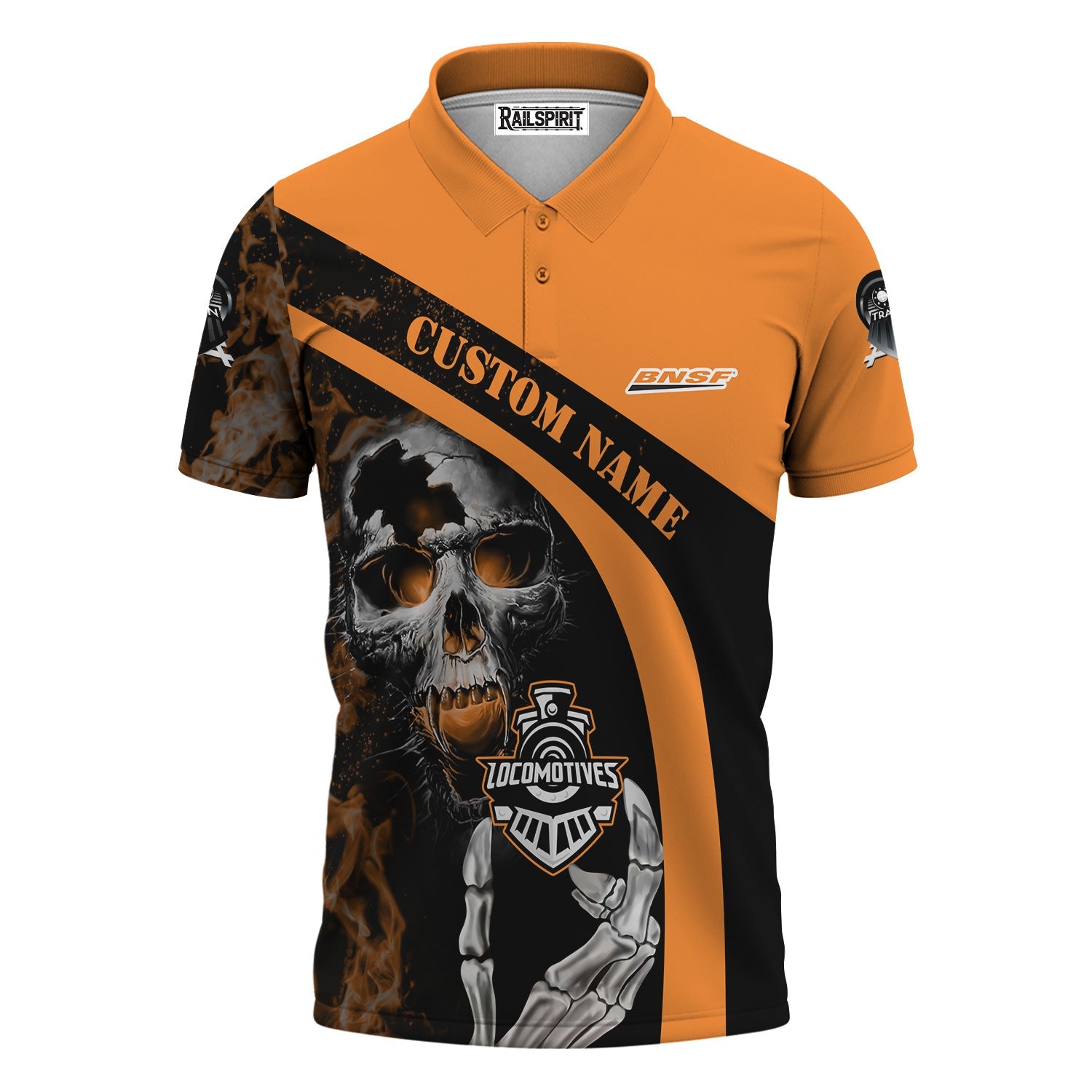 Railspirit Personalized BNSF Railway Polo Shirt Flame Skull Design Train Shirt for Locomotive Fans